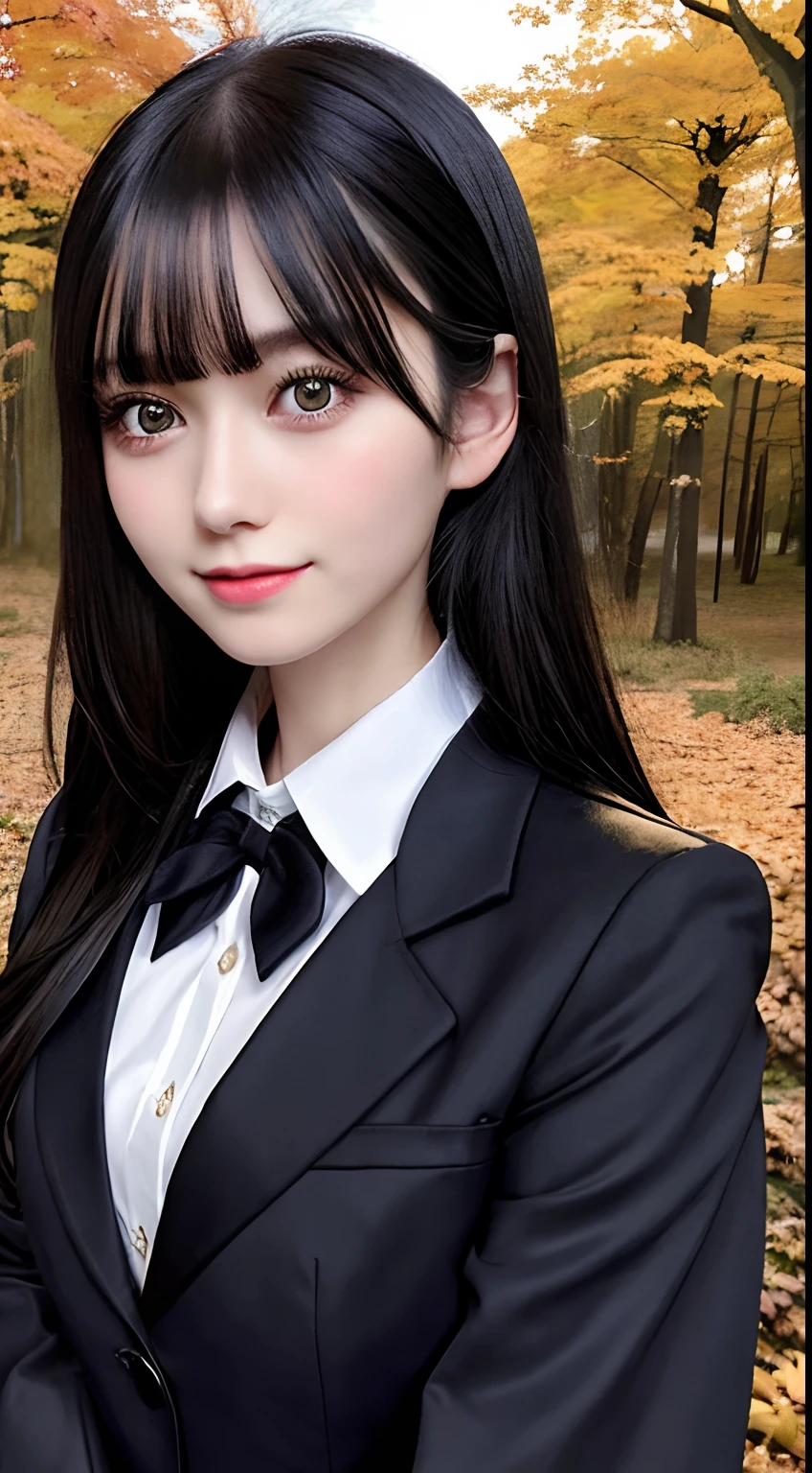 autumn leaves,moon light,beautiful forest, (midnight1.3), black shiny hair,bangs,medium hair,　opal eyes, big chest, (school uniform:1.3), solo, 1girl,
(masterpiece, best quality,ultra-detailed)