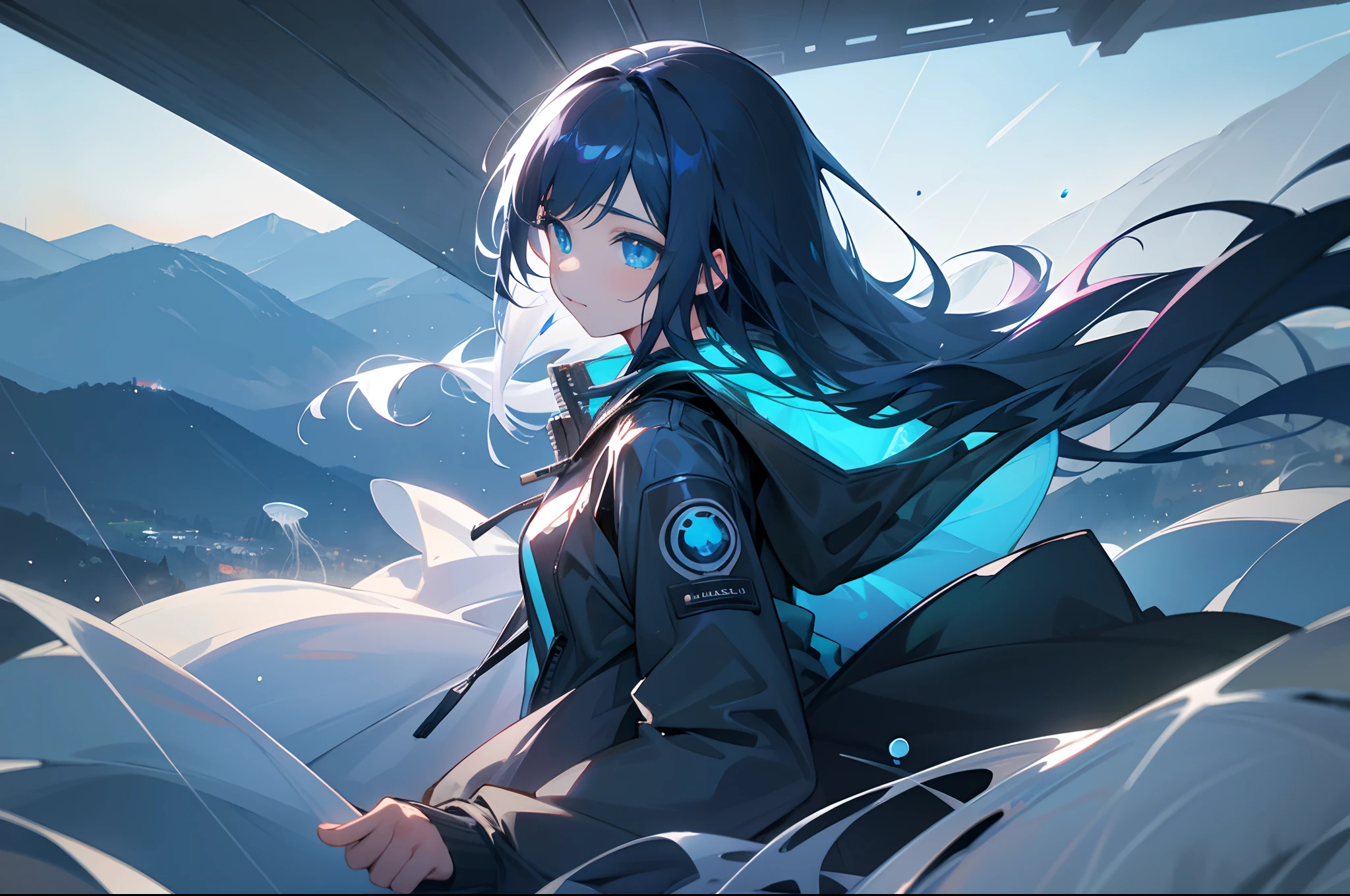 Black color hair，teens girl，Above the valley，downpours，long whitr hair，Jellyfish in the air，blue color eyes，Jacket