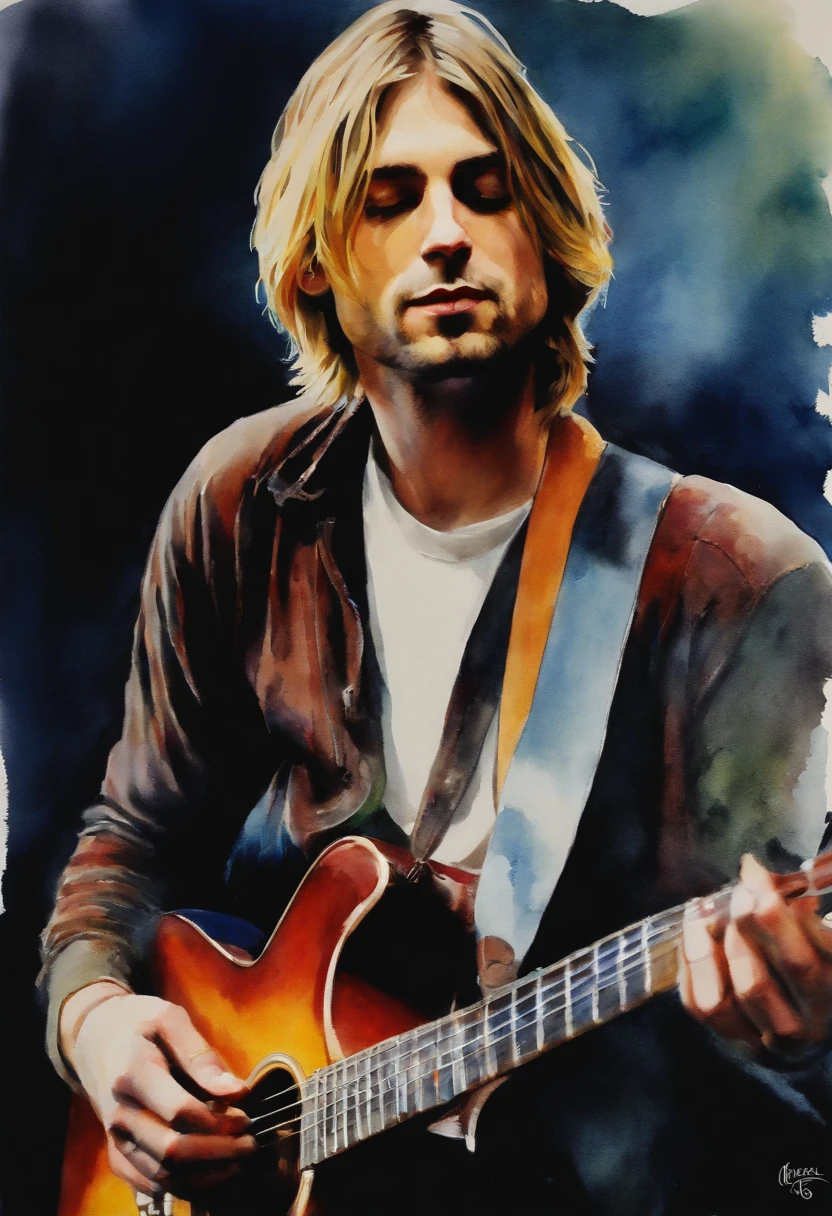 Aquarelle de Kurt Cobain qui joue de la guitare