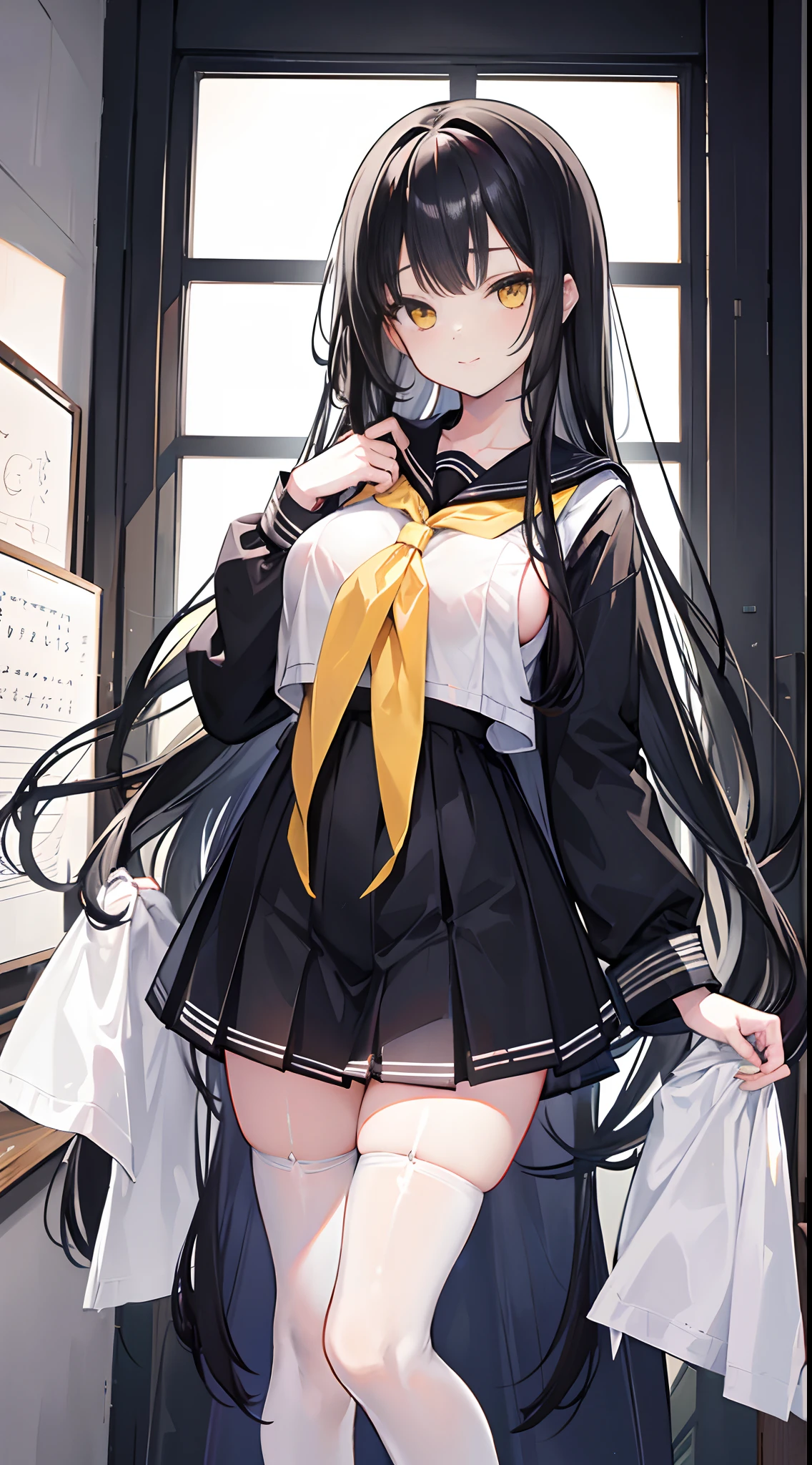 Long light black hair reaches waist-length,Yellow eyes,Hair curtain,Two hair curtains on both sides,dishiveredhair,chiquita,Sailor uniform school uniform,huge tit,White skin of the,light smile,black lence stockings,Whole body diagram,Eye highlights,In school,