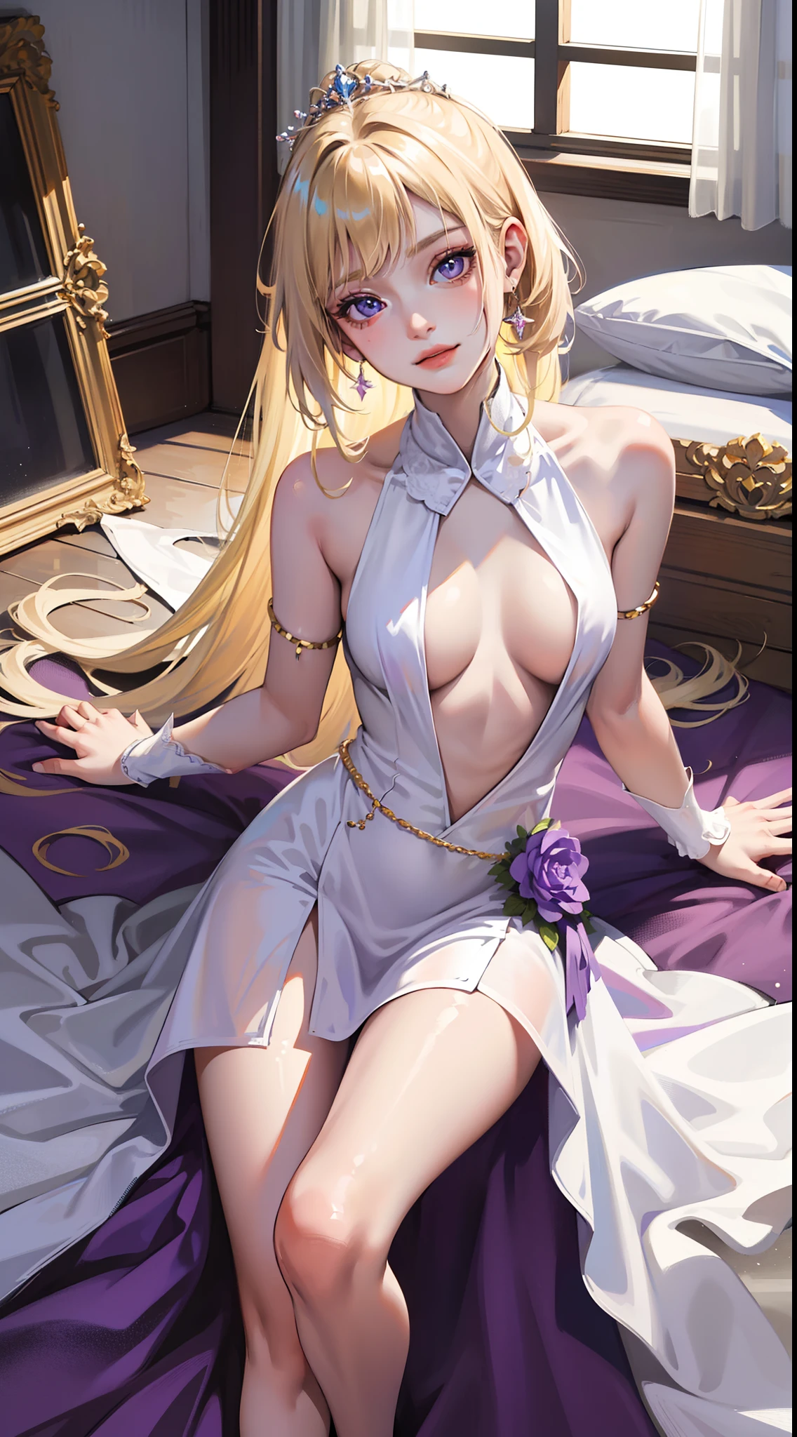 young girl, longue blonde hair, violet eyes, princess dress, Sleeveless, open breasts, smirk, exposed legs, Masterpiece, hiquality, 4k, HD, Good detail