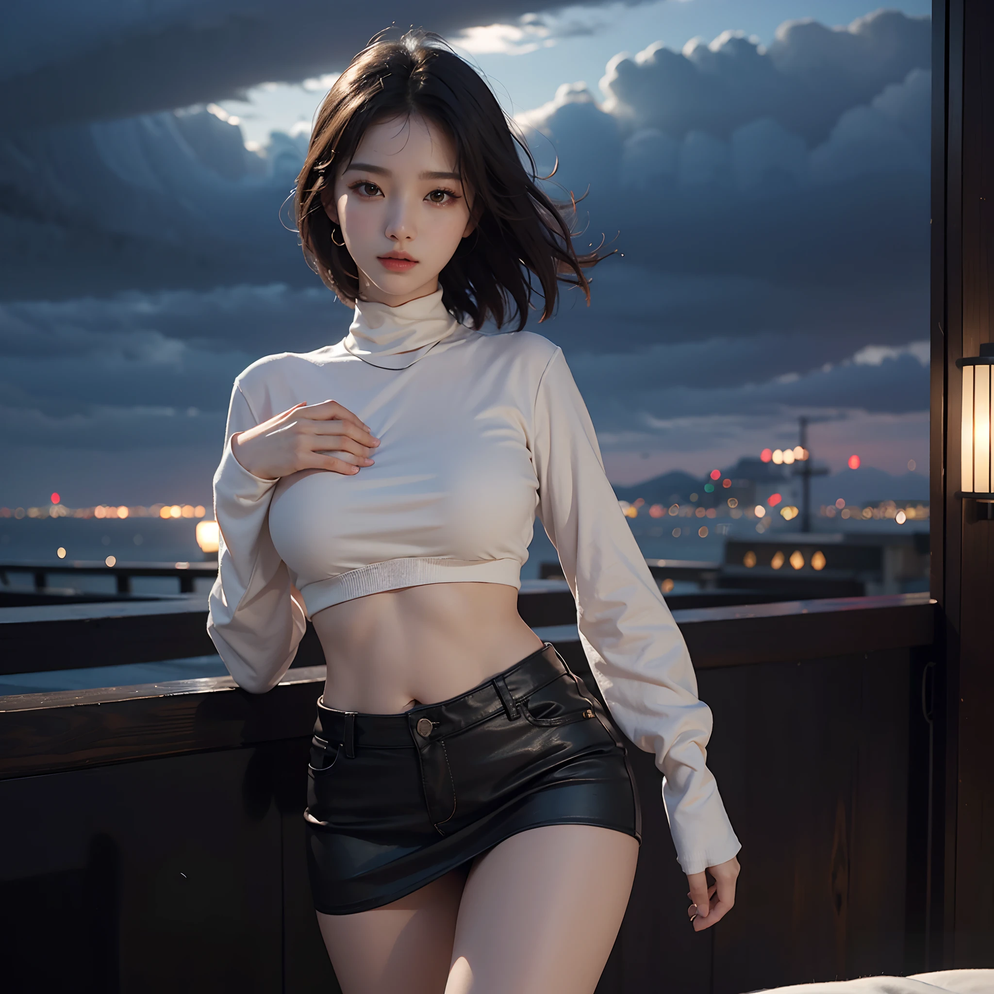 full body, (realistic:1.4), 8k UHD, top quality, ultra high resolution, unique background, clouds, dark and very dim, building lights are lighting the night, wind:1.3, (wearing a crop top and short skirt), (Image:1.1), kpop idol, (korean beautiful girl), (mixed korean), (Pretty Lips:1.1), (Eyelashes:1.1), (Happiness:1.21), (Depth:1.1), (Clean makeup), (Clean facial skin: 1.2), (Glowing skin), (Big breasts),