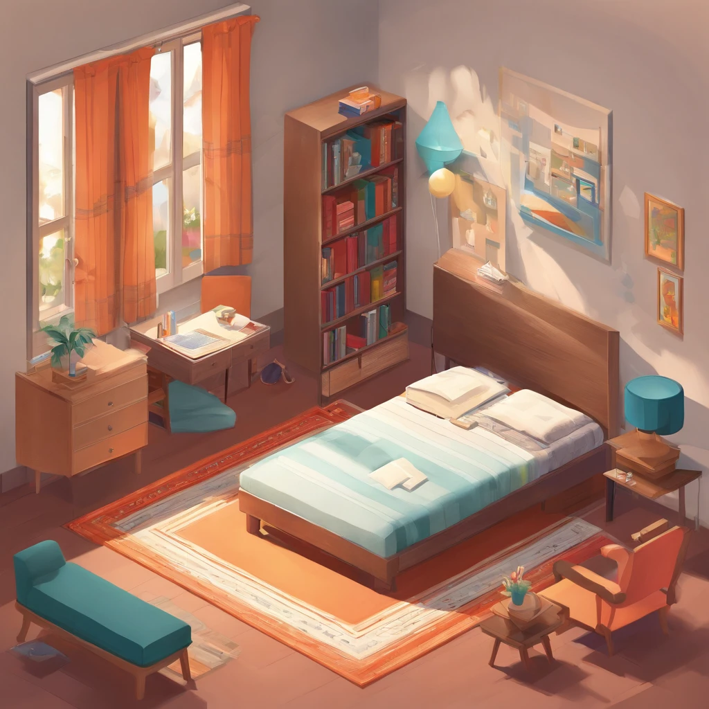 There is a boy room with ( a bed in the middle of the room ), ( a table with a pencil, a notebook and a textbook), ( a chair in front of the table ), ( a wardrobe with double doors ), a rug, a wall clock, a wall painting, (a bookcase with several books on the shelves), a full-body mirror. The room is the same size in width, width or depth. Here is a screenshot of the game. This image captures furniture, 1960s American homes and lifestyles.