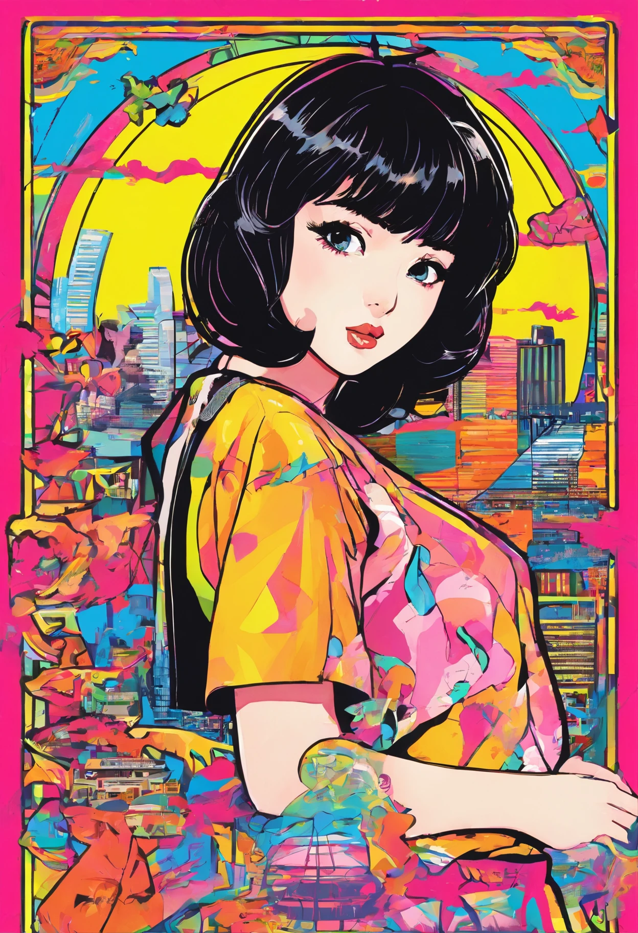 Oil Style、digitalart、1990s anime style、Black Hair Bob、Japan beautiful girl、18year old