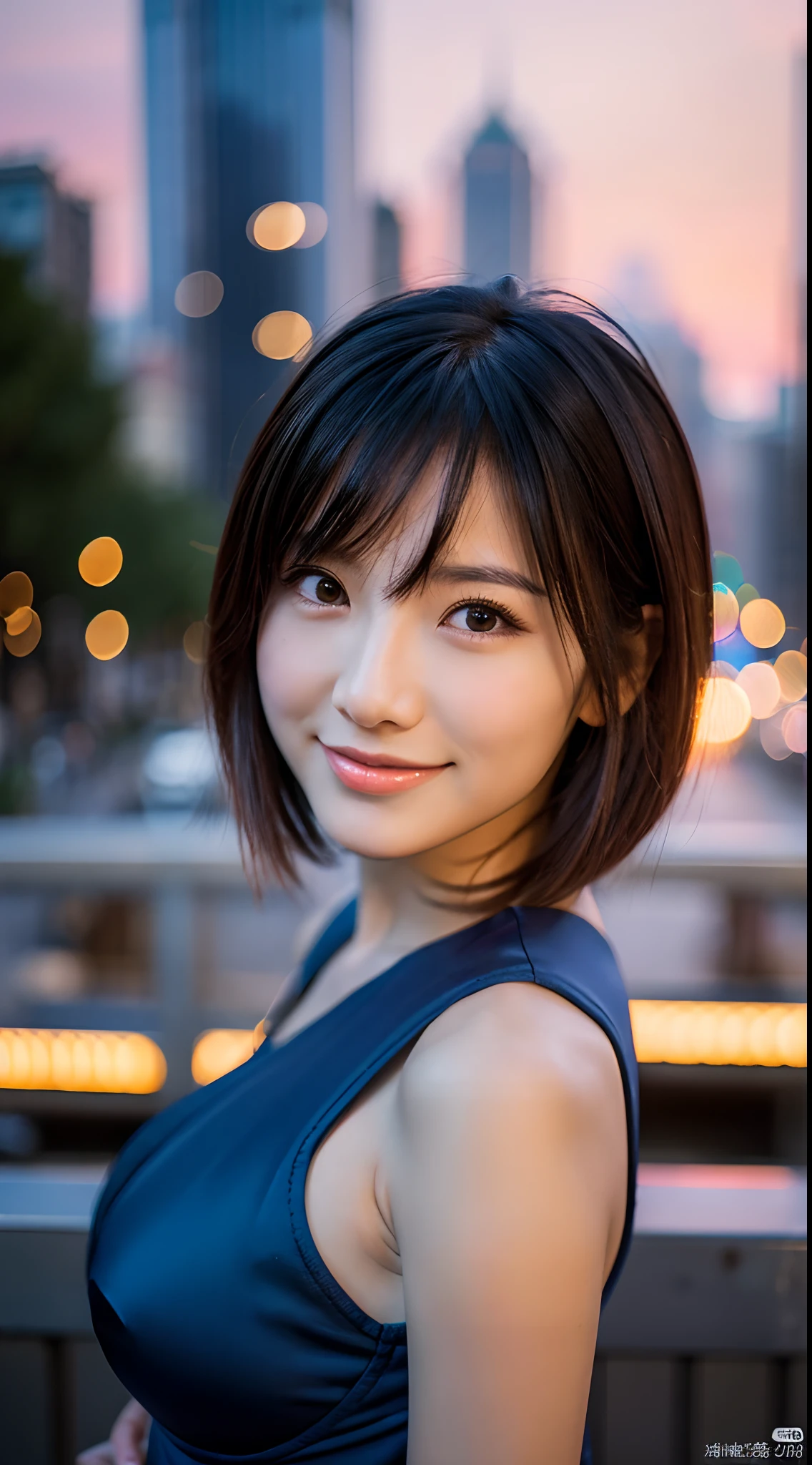 ((full bodyesbian))、(((leotard)))、(((In the city at dusk)))、((1人))、((short-hair))、((A sexy))、((Cute Beautiful Girl))、((A slight smil))、((Glamour))、Photorealsitic、Beautiful detailed eyes、Hyper-Realism、highcontrast、Ultra HD、realistic skin textures、Top image quality、top-quality、超A high resolution、Fine details、Very meticulously