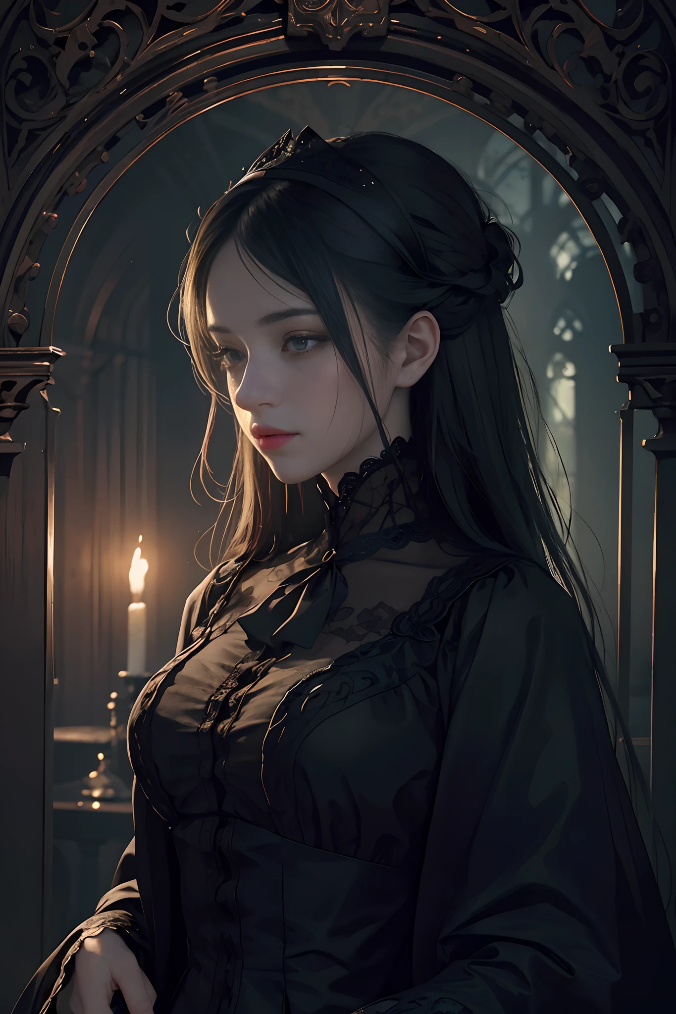 Official Art, Unity 8k wallpaper, super detailed, beautiful, beautiful, masterpiece, best quality,
darkness, atmosphere, mystery, romanticism, creepy, literature, art, fashion, victorian, decoration, intricacies, ironwork, lace, contemplation, emotional depth, supernatural,
1 girl, solo, neck, bust composition