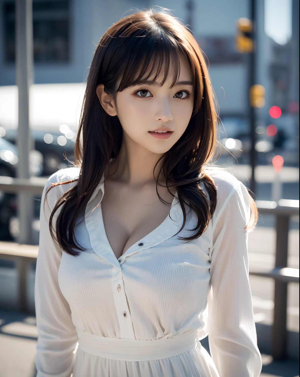 (masutepiece:1.3), (8K, Photorealistic, Raw photo, Best Quality: 1.4), Japanese, (1girl in), Beautiful face, (Realistic face), (Black hair), Beautiful hairstyle, Realistic eyes, Beautiful detailed eyes, (Realistic skin), Beautiful skin, Attractive, 超A high resolution, A hyper-realistic, Highly detailed, Golden ratio、
Show from the hips to the shoulders,
Beautiful detailed skin, (Cute:1.2),
(Black hair),
((JPOP Idol)),
(upper thigh:0.6), (depth of fields),Soft light, Lens Glow,
Looking at Viewer,
(drooping eyes:1.2),
Straight teeth,Smile,
Floating hair, (a blond:1.2),
Brown eyes,
Movie Scene, Cinematic, fulcolor, 4K, 8K, 16 K, Raw photo, masutepiece, professionally color graded, Professional Photography,
cleavage,High Girl, Hair UP, think,(Sweat,Sigh)1.2,(blush,Open mouth)1.3,soft clean focus, Realistic lighting and shading, (an extremely delicate and beautiful art)1.3, Elegant,Active Angle,Dynamism Pose,
Photorealistic, (One pretty girl:1.1), hight resolution, ultraclear, Sharp Focus, ,Cosplay, slim,
Sheer white cloth,White hair, High Ponytail,
(Off-white damask long-sleeved shirt dress:1.3),
(Thom Brown Design Dress:1.4),
(hyper detailed background, Detail Background: 1.3), Bokeh, depth of fields,
China City Street,
No one in the background,