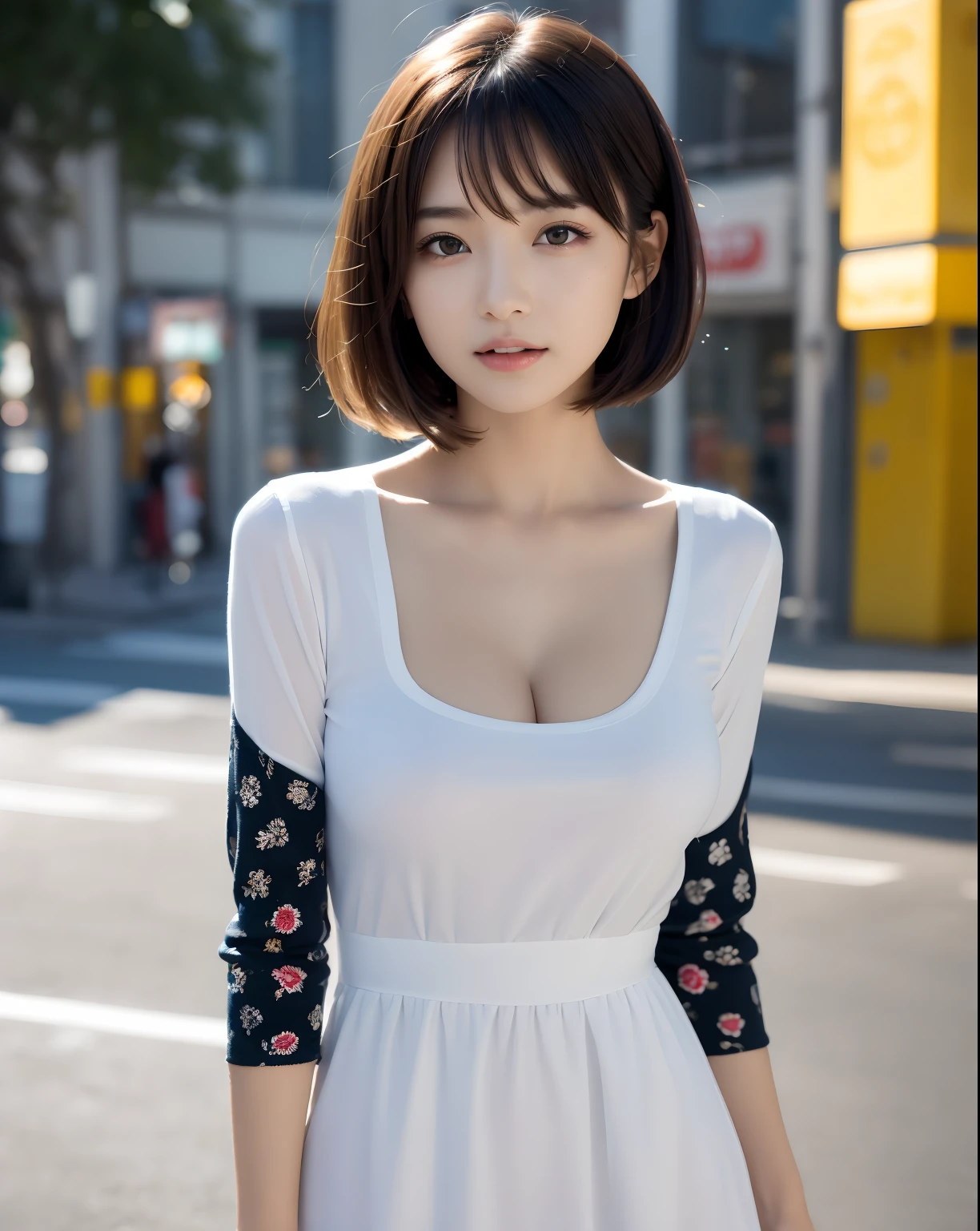(masutepiece:1.3), (8K, Photorealistic, Raw photo, Best Quality: 1.4), Japanese, (1girl in), Beautiful face, (Realistic face), (Black hair), Beautiful hairstyle, Realistic eyes, Beautiful detailed eyes, (Realistic skin), Beautiful skin, Attractive, 超A high resolution, A hyper-realistic, Highly detailed, Golden ratio、
Show from the hips to the shoulders,
Beautiful detailed skin, (Cute:1.2),
(Black hair),
((JPOP Idol)),
(upper thigh:0.6), (depth of fields),Soft light, Lens Glow,
Looking at Viewer,
(drooping eyes:1.2),
Straight teeth,Smile,
Floating hair, (a blond:1.2),
Brown eyes,
Movie Scene, Cinematic, fulcolor, 4K, 8K, 16 K, Raw photo, masutepiece, professionally color graded, Professional Photography,
cleavage,High School Girl, Hair UP, think,(Sweat,Sigh)1.2,(blush,Open mouth)1.3,soft clean focus, Realistic lighting and shading, (an extremely delicate and beautiful art)1.3, Elegant,Active Angle,Dynamism Pose,
Photorealistic, (One pretty girl:1.1), hight resolution, ultraclear, Sharp Focus, ,Cosplay, slim,
Sheer white cloth,White hair, High Ponytail,
(Off-white damask long-sleeved shirt dress:1.3),
(Thom Brown Design Dress:1.4),
(hyper detailed background, Detail Background: 1.3), Bokeh, depth of fields,
China City Street,
No one in the background,