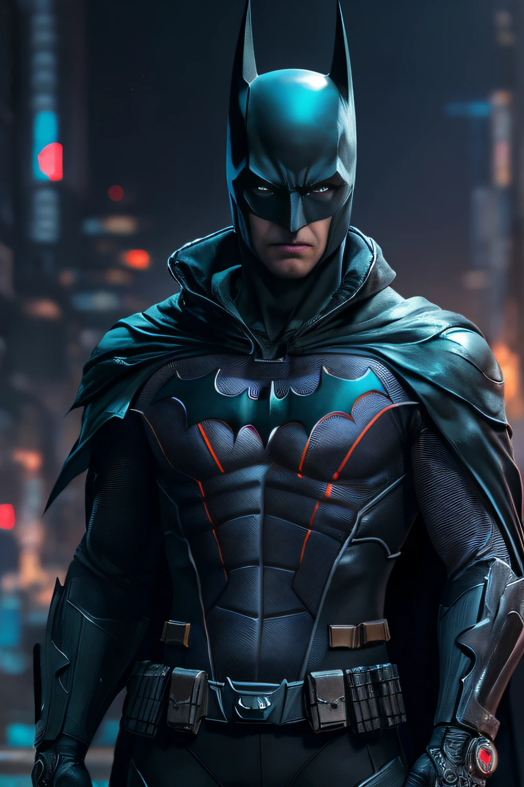 Male, Batman , (top-quality、8K、32K、masterpiece、)、(The ultra -The high-definition)、(Photorealsitic:1.4)、Raw photography,Perfect eyes,Charming perfect figure,actionpose:1.2,Detailed cyberpunk fashion、World of Cyberpunk,depth of fields,blurry backround,、