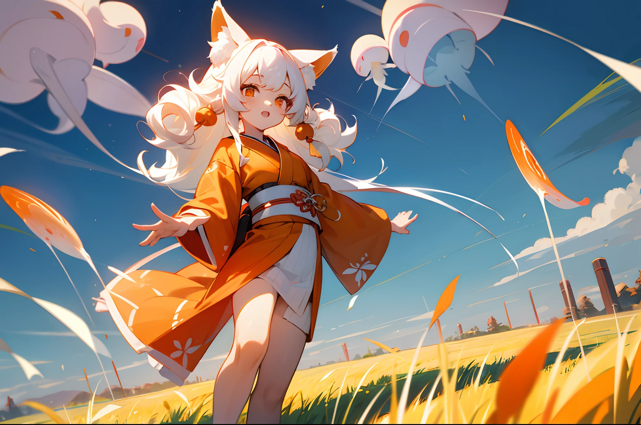 white color hair,long whitr hair,curlies,fox ear,red color eyes,fox tails,Japan kimono,Yellow jellyfish in the air,teens girl,grass field