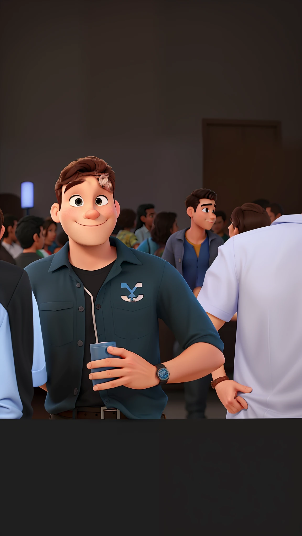 Um homem de 19 anos no estilo Disney Pixar, alta qualidade, melhor qualidade. Camisa social preta em uma festa de casamento. The same background is in the attached image.