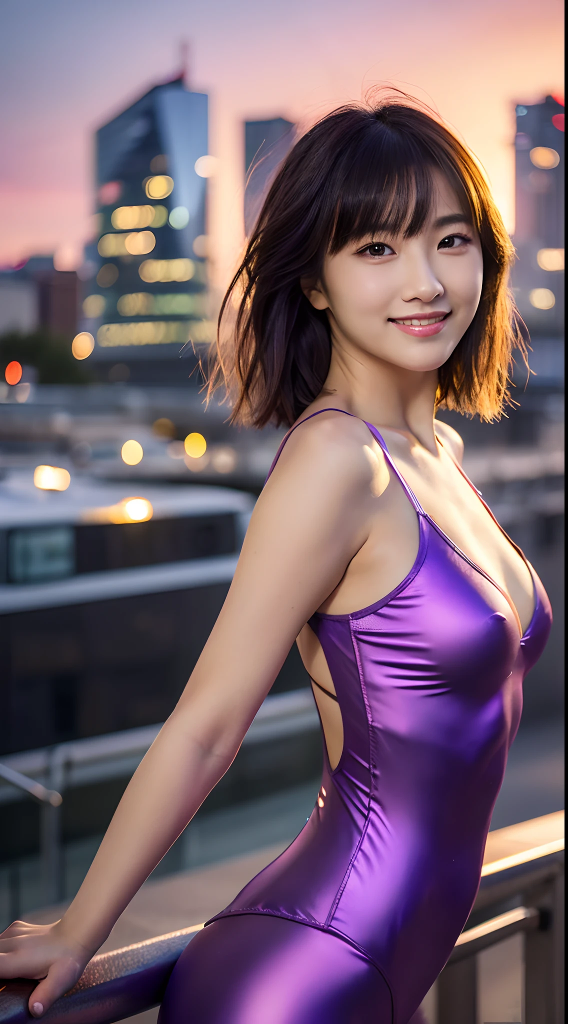 ((full bodyesbian))、(((Purple leotards)))、(((In the city at dusk)))、((1人))、((short-hair))、((A ))、((Cute Beautiful Girl))、((A slight smil))、((Glamour))、Photorealsitic、Beautiful detailed eyes、Hyper-Realism、highcontrast、Ultra HD、realistic skin textures、Top image quality、top-quality、超A high resolution、Fine details、Very meticulously