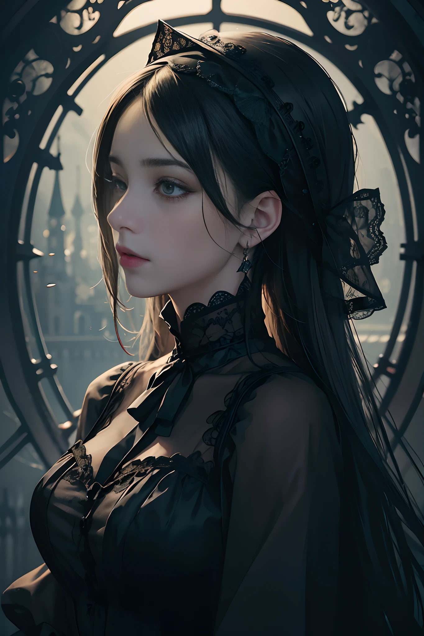 Official Art, Unity 8k wallpaper, super detailed, beautiful, beautiful, masterpiece, best quality,
darkness, atmosphere, mystery, romanticism, creepy, literature, art, fashion, victorian, decoration, intricacies, ironwork, lace, contemplation, emotional depth, supernatural,
1 girl, solo, neck, bust composition
