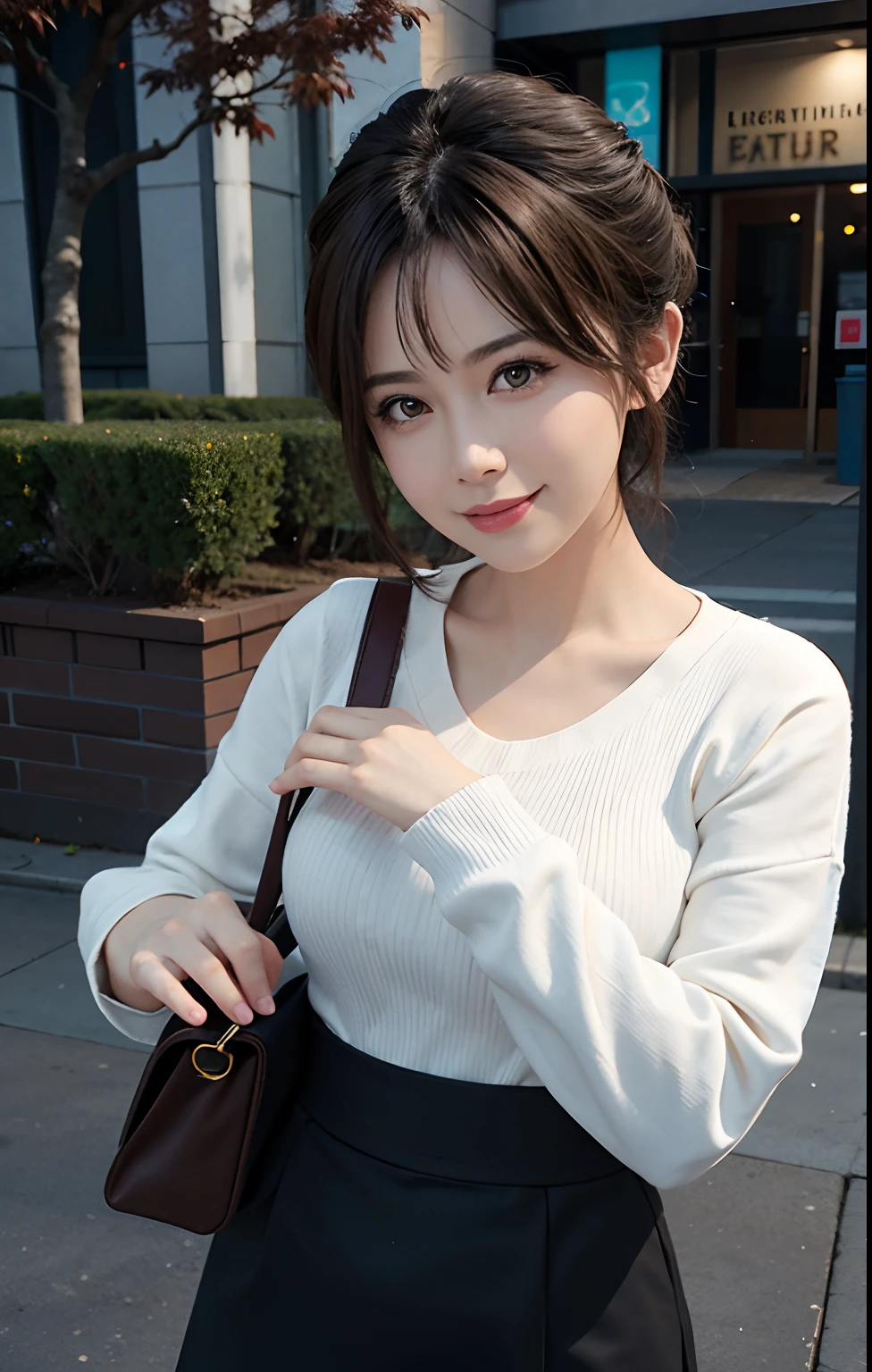 ((((Medium hair)))), ((((brown haired)))), top-quality, 8K, HDR, Hi-Res, absurderes:1.2, blurry backround, bokeh dof:1.2, a picture, (RAW Photography:1.2), (Photorealsitic:1.4), (​masterpiece:1.3), (intricate detailes:1.2), 1girl in, 独奏, a japanese girl, Delicate and beautiful details, (A detailed eye), (detailed facial features), petite, beautiful and clear eyes, Detail eye pupil, (((medium breasts⁩))), skin tight, (looking_at_viewer), from_front, (skiny), (Top image quality:1.4)、(超A high resolution:1.2)、cinematric light、(Extreme detailed illustration)、(lipgloss、Top image quality、超A high resolution、depth of fields、Caustics、Broadlighting、Natural Shading、85mm、f/1.4、ISO 200、1/160 seconds:0.75)、1girl in、独奏、((a smile))、((Slim body)))、(ulzzang-6500-v1.1:0.5)、The upper part of the body、((White long-sleeved sweater、Black skirt)))、is standing、(pureerosface_v1:0.5)、Streets of Tokyo、natta、A city scape、city light、 a closeup ,