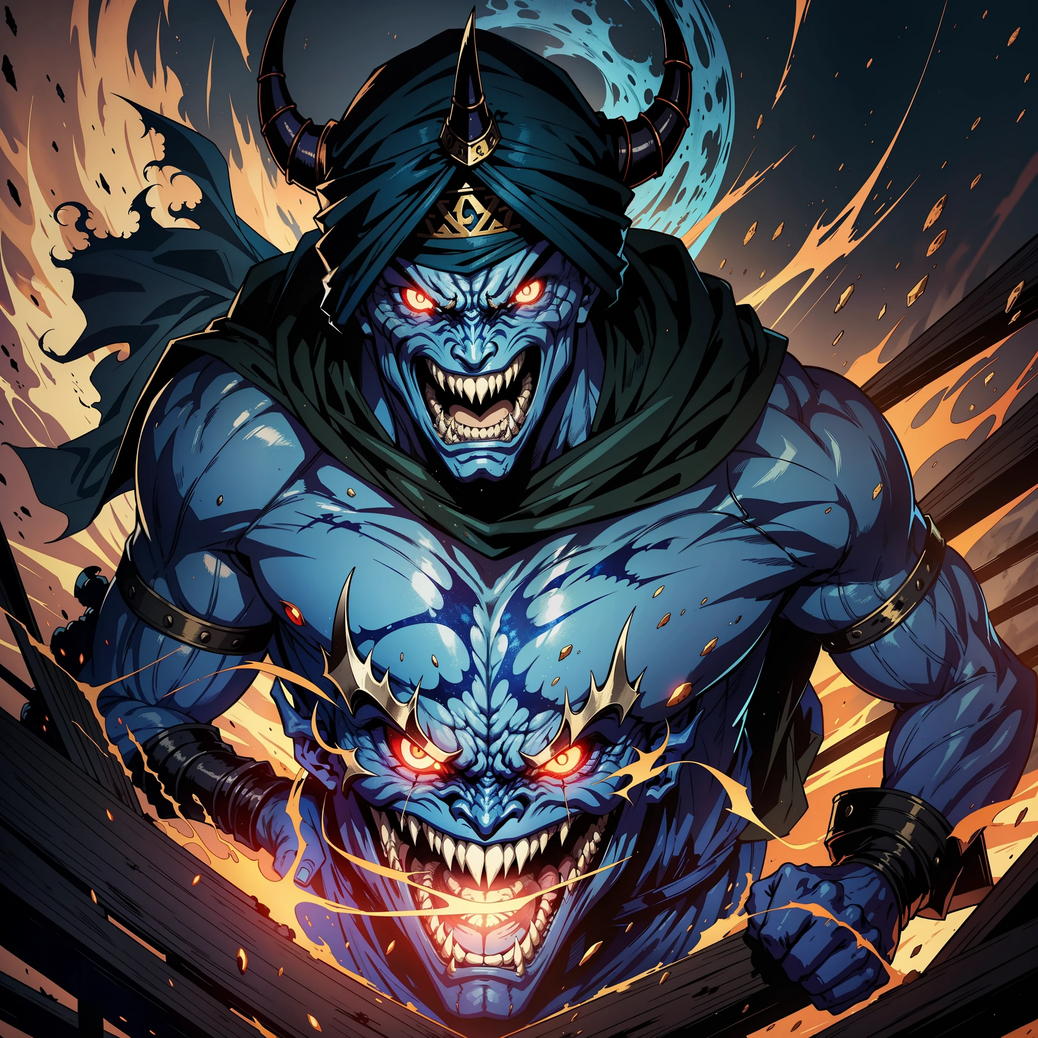 Demons and devil Super Detailed Dynamic Shooter Medieval Centerpiece with Blue Turban Scary Face Hokuto No Ken Raoh Face Structure