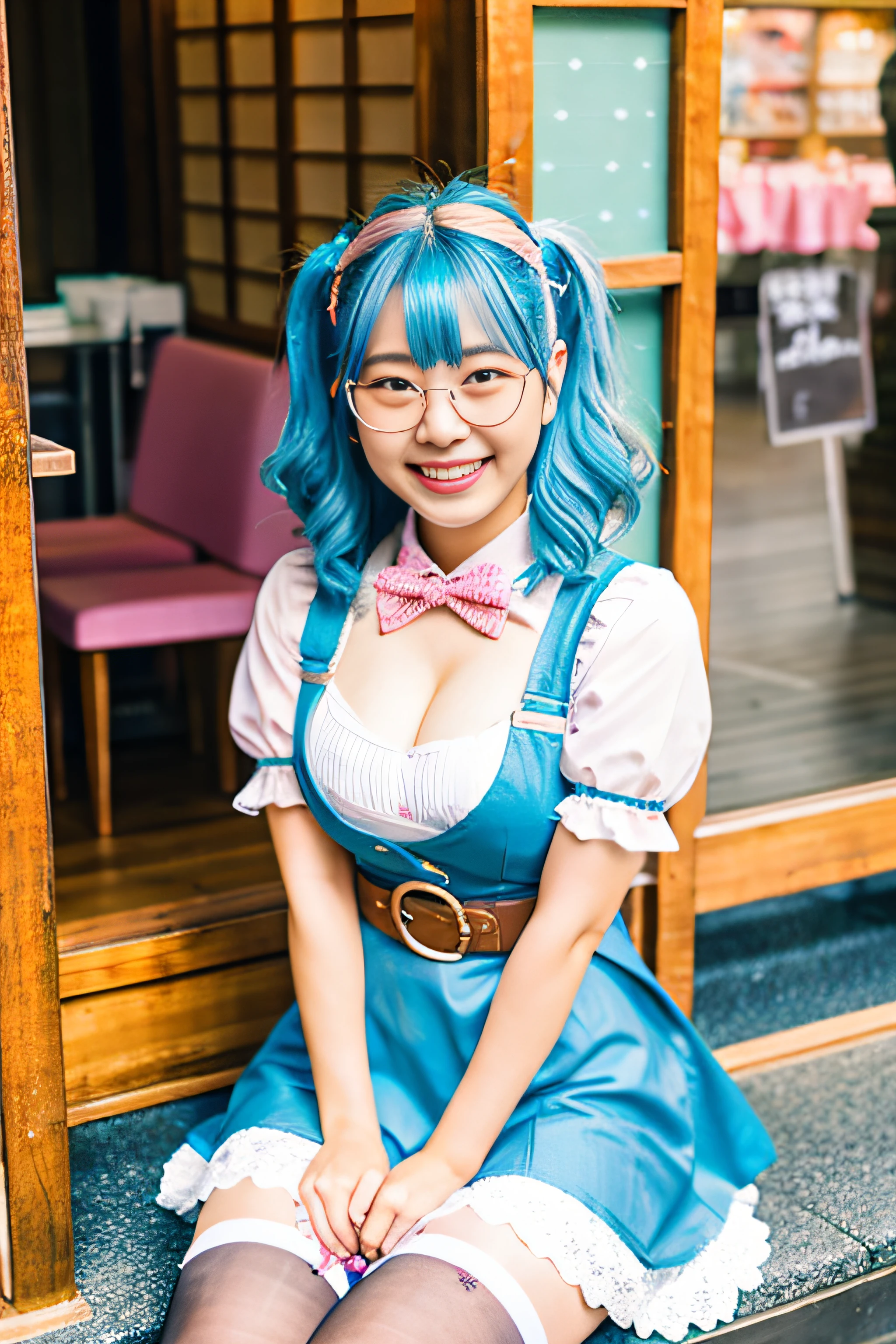 ROW Photos、High quality、Beautiful girl in Japan、18year old、A smile、A slight smil、Soio、Cute sexy maid outfit in white and pink tones、From the knee up、Round glasses、Blue hair color、Silver hair color、、Work at a fashionable urban maid café、E Cup Breast、White over-knee socks、garterbelts、