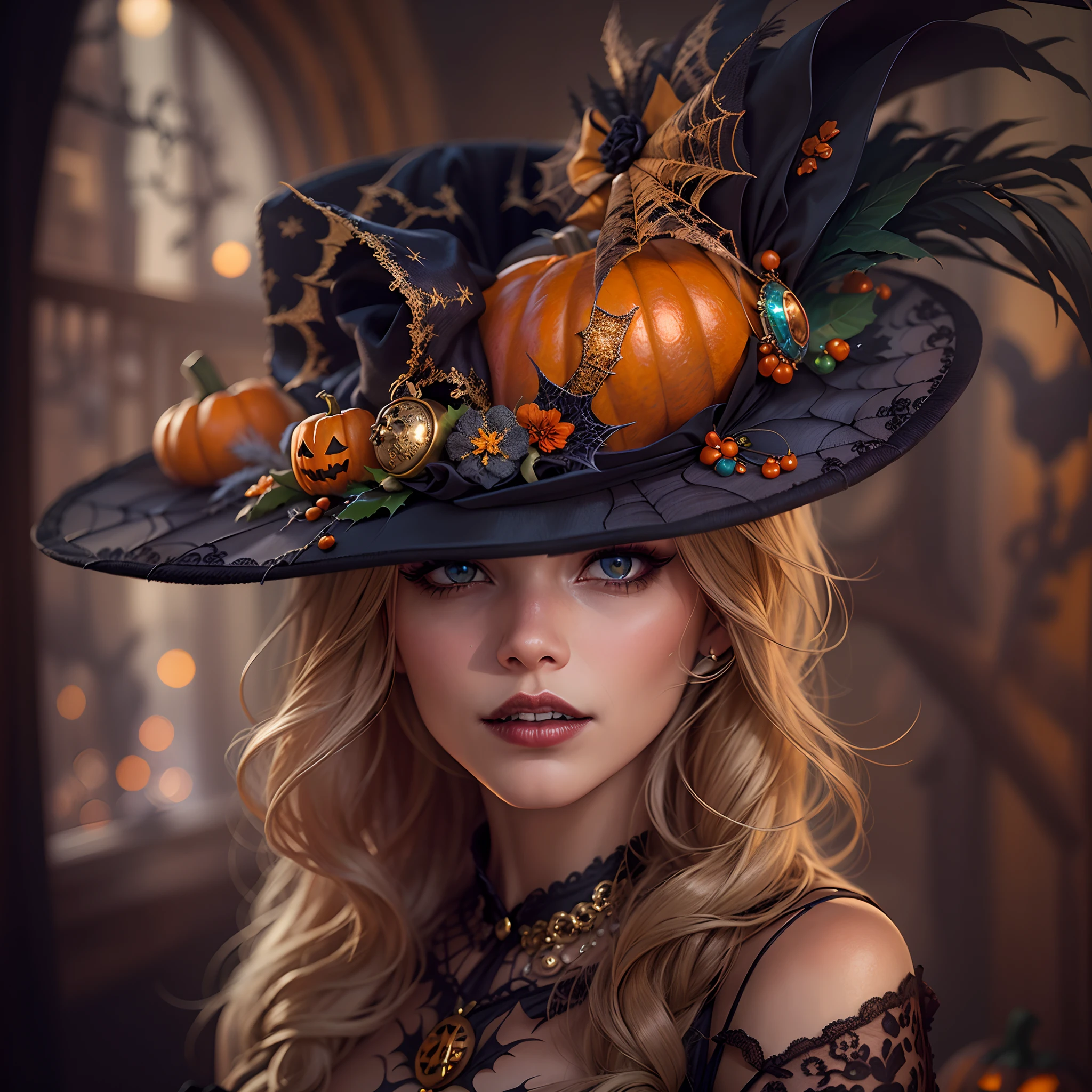 Highest quality, masterpiece, Attention to detail, Intricate details, Realistic, Mysterious Halloween woman with bright expression, Spooky atmosphere