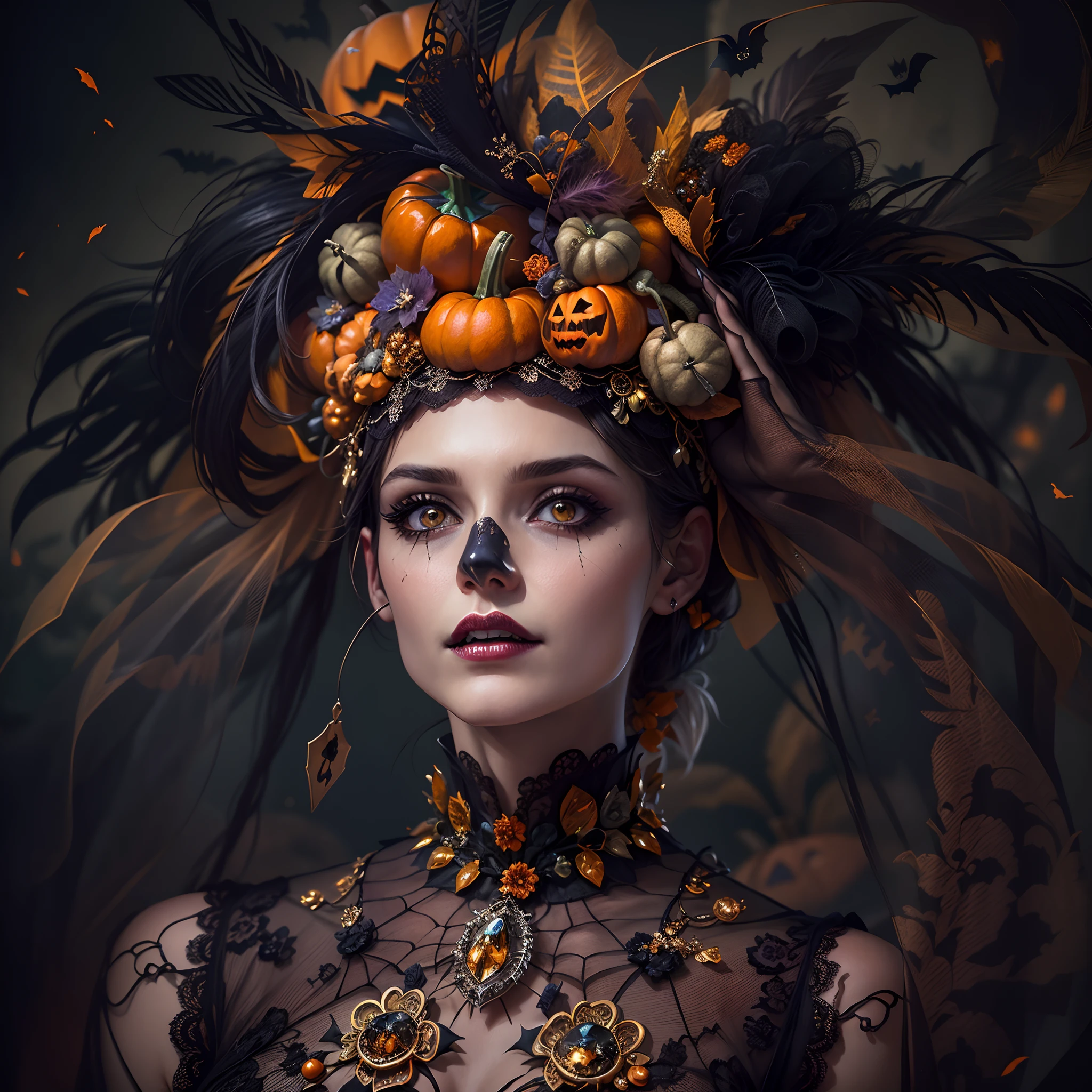 A Halloween-themed hat,Luxurious,sparkling gemstones,feather-adorned,Halloween colors,(On the model),Decorated with skulls and spiders,(luxury brand),vibrant hues,elegant,Eye-catching,Gold accents,Lace trim,(Velvet fabric),Sparkling sequins,(In the boutique),Dramatic,(pumpkins),Personalized pieces,magical,Enchanted,attention-grabbing,Artistic,Holiday touch,Strong presence.((Best quality,Masterpiece:1.2,photo-realistic:1.37,Halloween:1.2))