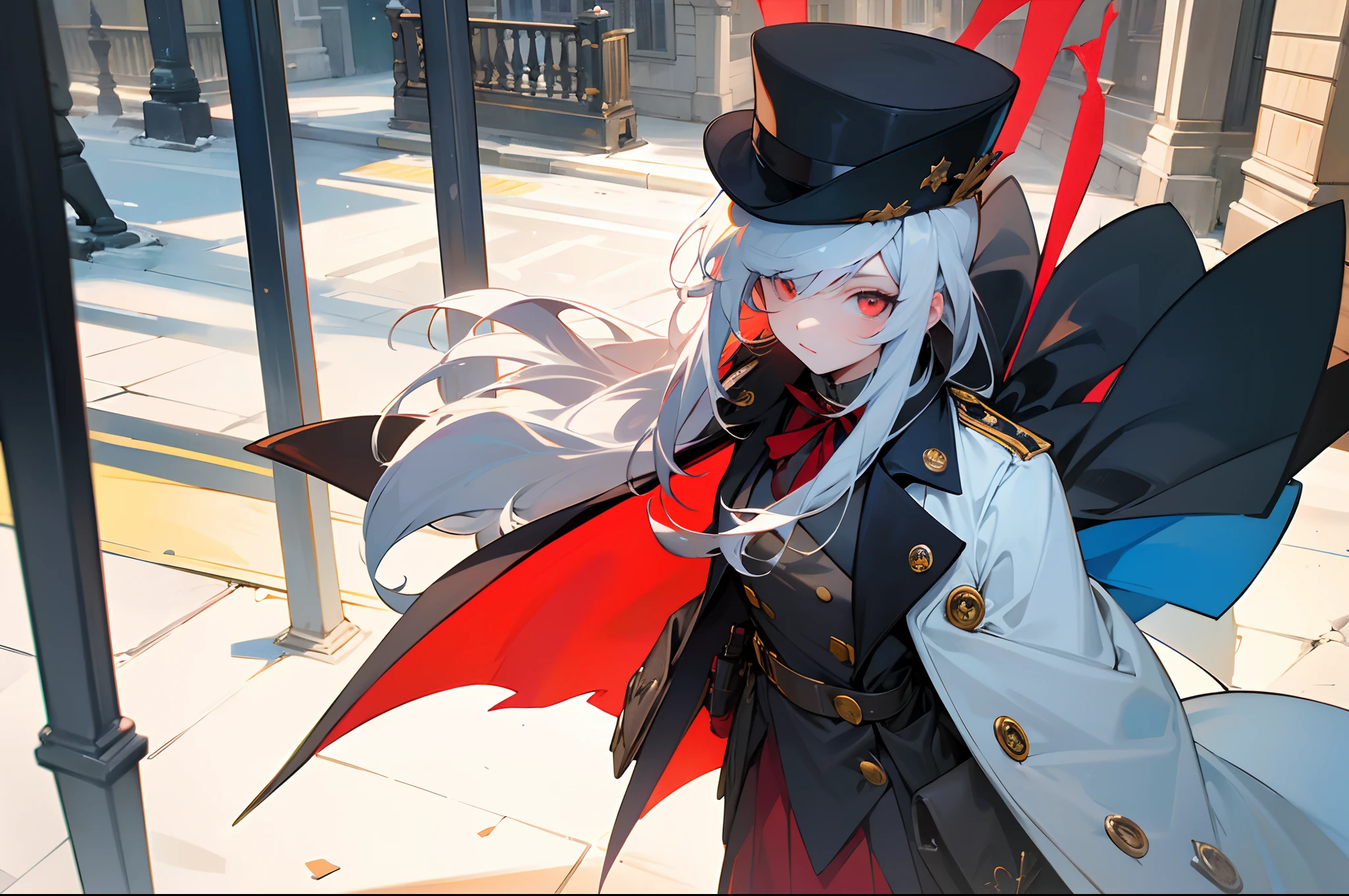 white color hair，long whitr hair，red color eyes，Black and blue detective hat，19th century Europe，yellow overcoat，On the street，teens girl