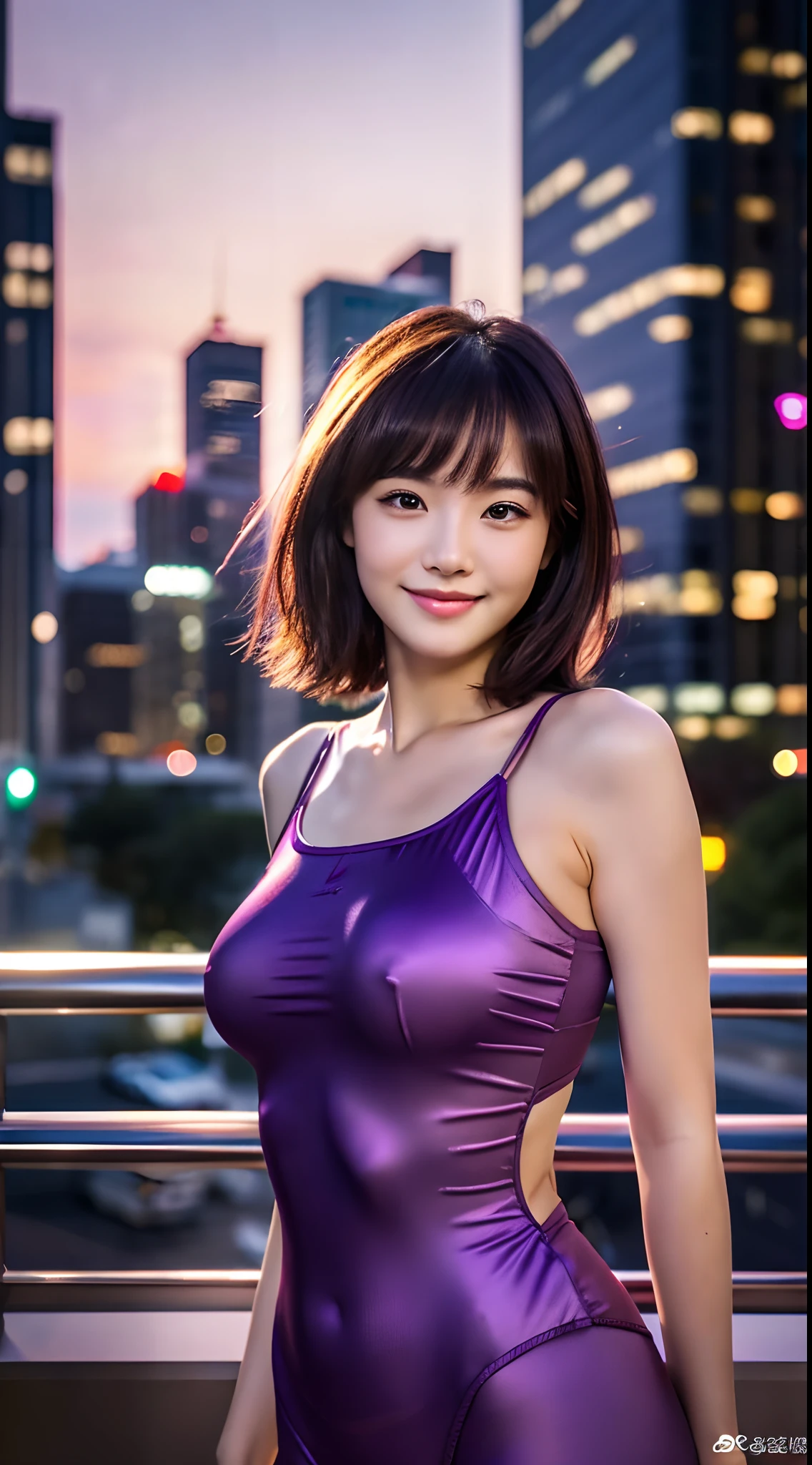 ((full bodyesbian))、(((Purple leotards)))、(((In the city at dusk)))、((1人))、((short-hair))、((A sexy))、((Cute Beautiful Girl))、((A slight smil))、((Glamour))、Photorealsitic、Beautiful detailed eyes、Hyper-Realism、highcontrast、Ultra HD、realistic skin textures、Top image quality、top-quality、超A high resolution、Fine details、Very meticulously