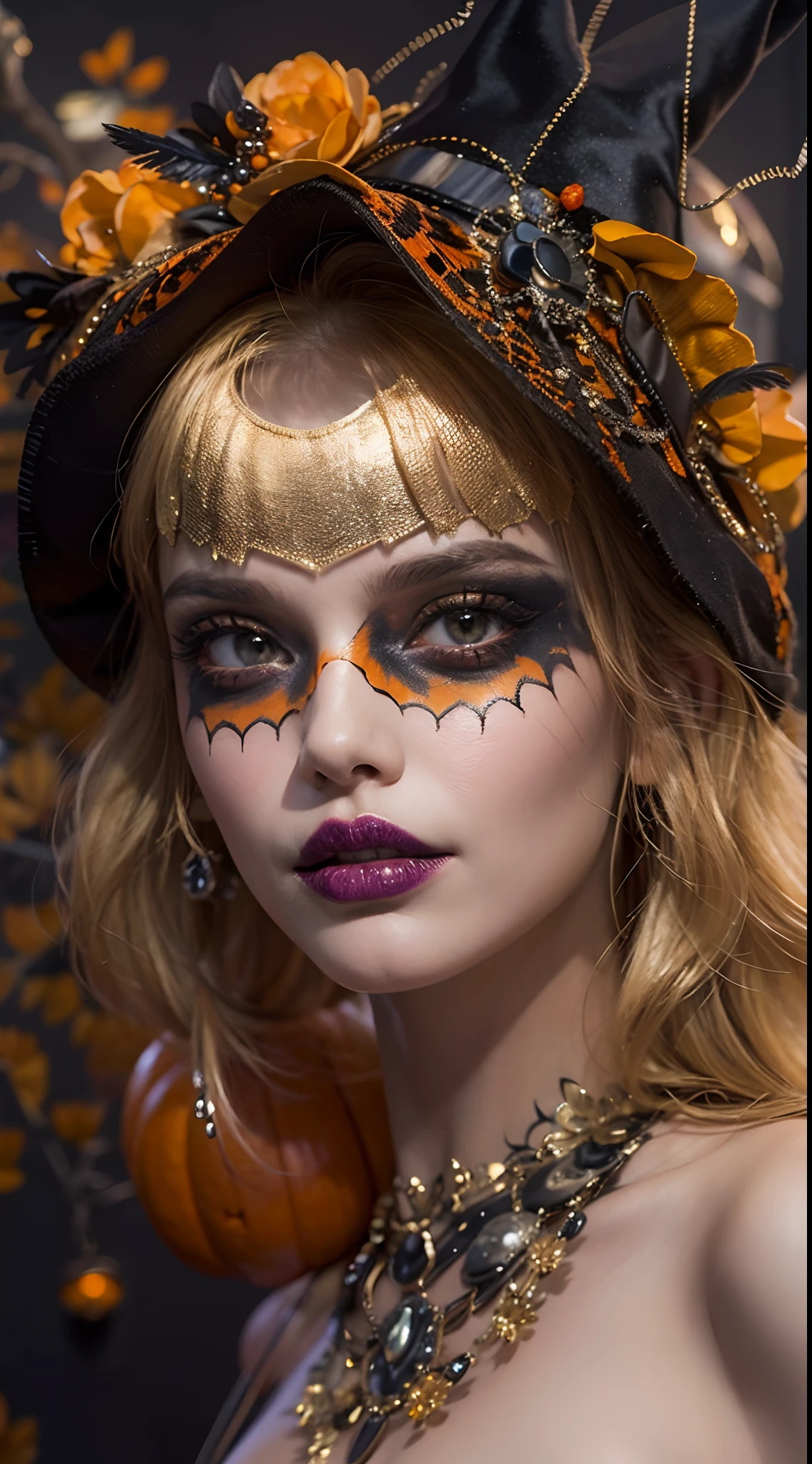 A Halloween-themed hat,Luxurious,sparkling gemstones,feather-adorned,Halloween colors,(On the model),Decorated with skulls and spiders,(luxury brand),vibrant hues,elegant,Eye-catching,Gold accents,Lace trim,(Velvet fabric),Sparkling sequins,(In the boutique),Dramatic,(pumpkins),Personalized pieces,magical,Enchanted,attention-grabbing,Artistic,Holiday touch,Strong presence.((Best quality,Masterpiece:1.2,photo-realistic:1.37,Halloween:1.2))