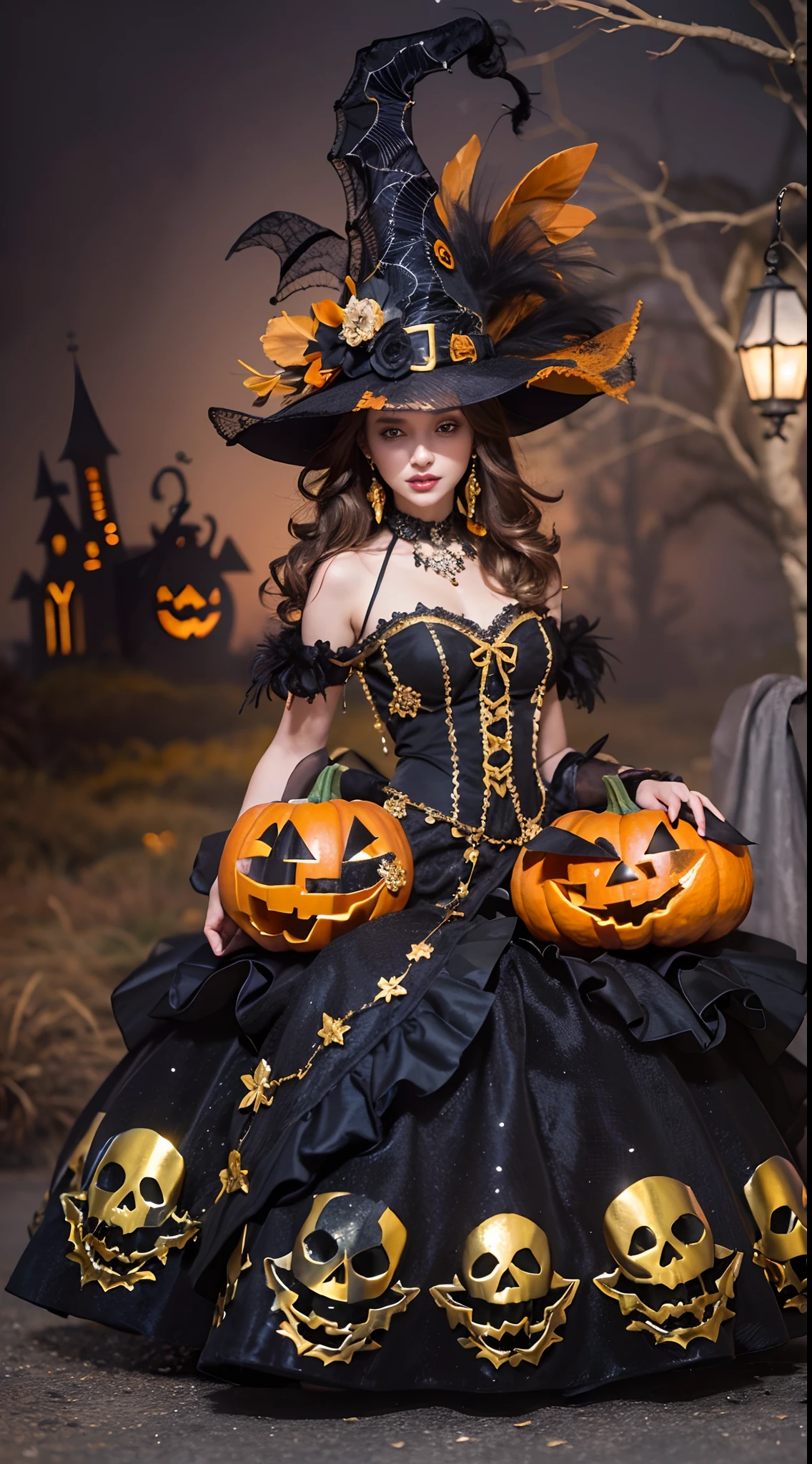 A Halloween-themed hat,Luxurious,sparkling gemstones,feather-adorned,Halloween colors,(On the model),Decorated with skulls and spiders,(luxury brand),vibrant hues,elegant,Eye-catching,Gold accents,Lace trim,(Velvet fabric),Sparkling sequins,(In the boutique),Dramatic,(pumpkins),Personalized pieces,magical,Enchanted,attention-grabbing,Artistic,Holiday touch,Strong presence.((Best quality,Masterpiece:1.2,photo-realistic:1.37,Halloween:1.2))