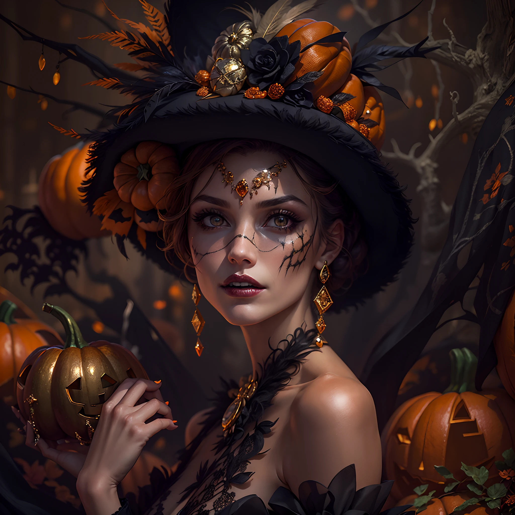 A Halloween-themed hat,Luxurious,sparkling gemstones,feather-adorned,Halloween colors,(On the model),Decorated with skulls and spiders,(luxury brand),vibrant hues,elegant,Eye-catching,Gold accents,Lace trim,(Velvet fabric),Sparkling sequins,(In the boutique),Dramatic,(pumpkins),Personalized pieces,magical,Enchanted,attention-grabbing,Artistic,Holiday touch,Strong presence.((Best quality,Masterpiece:1.2,photo-realistic:1.37,Halloween:1.2))