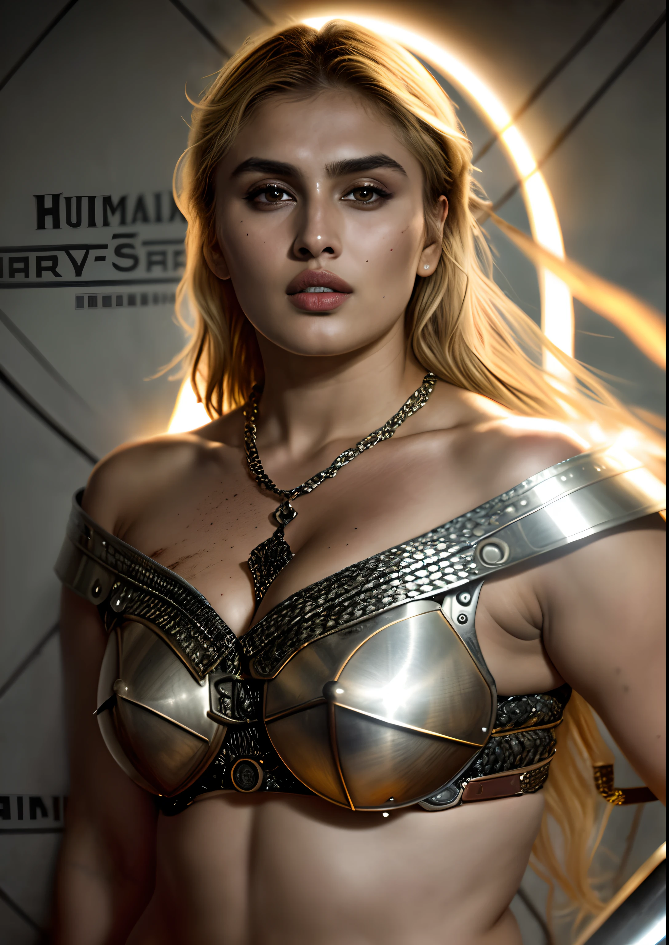 Masterpiece, a beautiful Viking woman, ((Huma Qureshi )), (chainmail  armor), (medium breasts), (perfect body), (blonde matted hair), (short hairstyle), welding a sword, outside, dirty, spattered with blood,(skin texture:1.1), best quality, ultra high res, Raw photo, Nikon D850, backlight, rimlight, bright sunlight, film grain:1.2, (warm hue, warm tone:1.2), (color photo), fantasy battlefield background, slaying another warrior