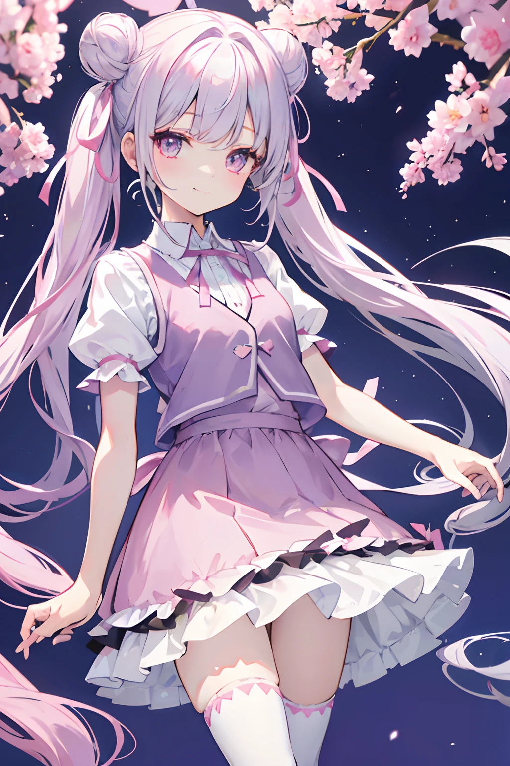 Wearing a short-sleeved shirt layered with a dark pink vest　Skirt in the same color as the vest　Light blue and pink eyes　Thin silver hair　Long hair　White knee-high socks with blue ribbon and small flowers in her hair　cute little　Dark pink ribbon on the chest　Lori　Posing cutely　light skinned　Bun　a smile