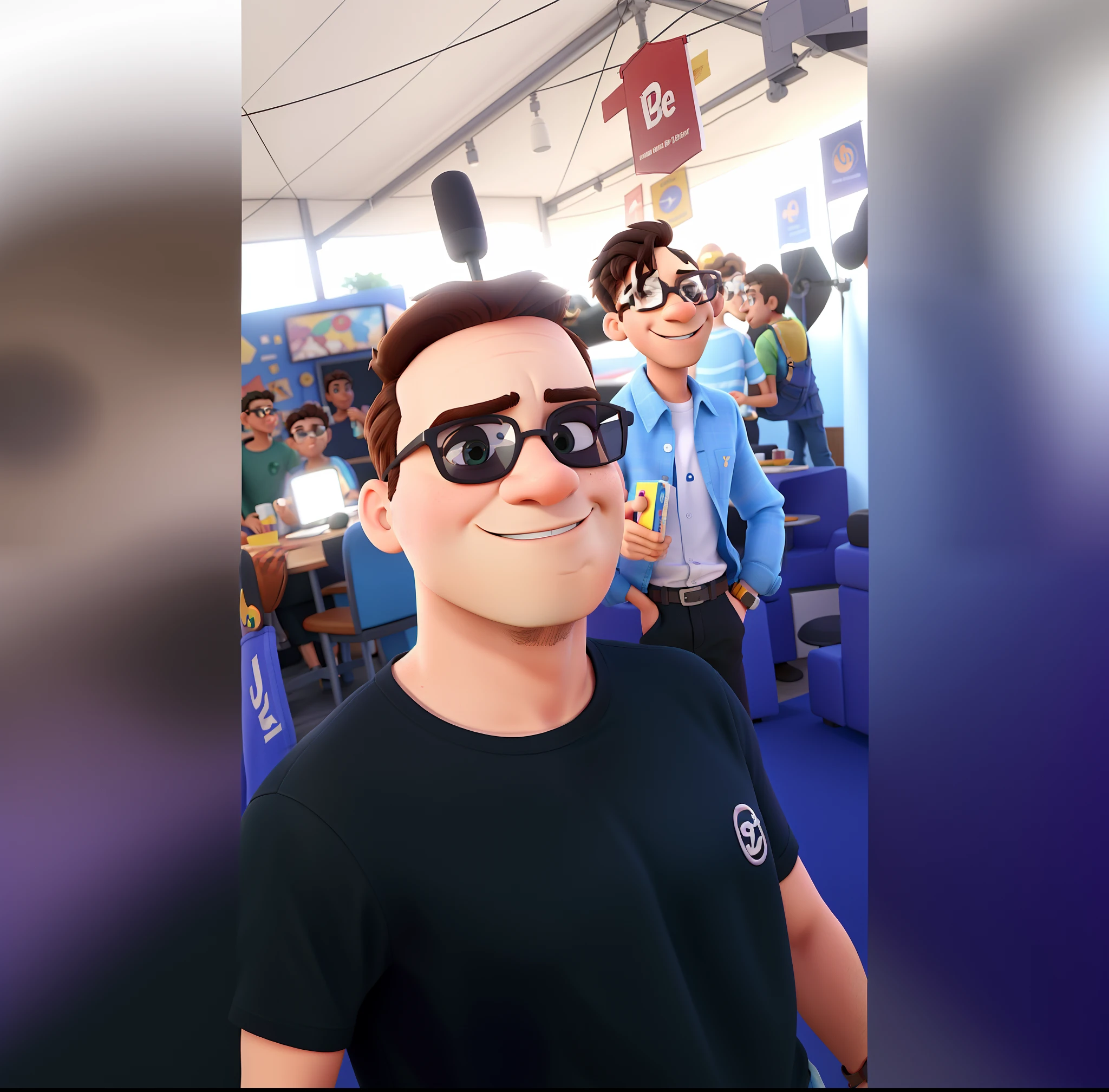 Um homem de 19 anos, with Disney Pixar-style sunglasses, alta qualidade, melhor qualidade. Camisa social preta em uma festa. The same background is in the attached image.