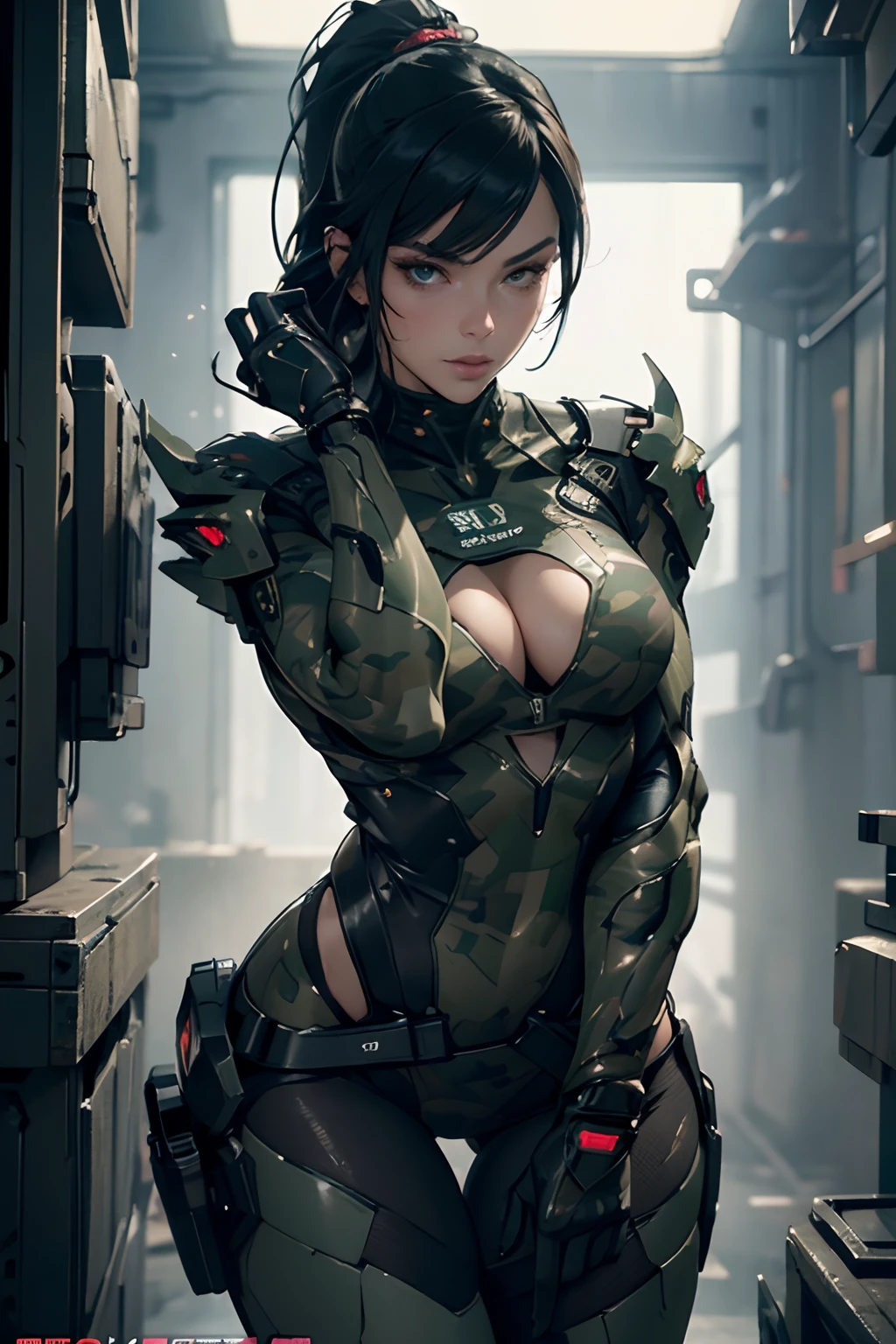 Beautiful Alluring cyberpunk female soldier, wearing camo colored suit, camo armor, camo leotard, glowing parts, exposed mechanical arms, exposed mechanical legs, Athletic Well Toned Body, Elegant Form, Barely Clothed, cleavage, Beautiful Face, Ominous cyberpunk Theme, Fiverr Dnd Character, Octane Render, Digital Art, Extreme Detail, 4k, Ultra Hd, Polished, Beautiful, Hyperdetailed, Intricate, Elaborate, Meticulous, Photorealistic, Sharp Focus, Wlop, Character Design, Unreal Engine, 3d Rendered, Volumetric Lighting, Reflections, Glossy, Digital Illustration, Sensual Pose, Suggestive Pose, Lewd, Full Body Shot, anatomically correct, 💖❤💕💋❣