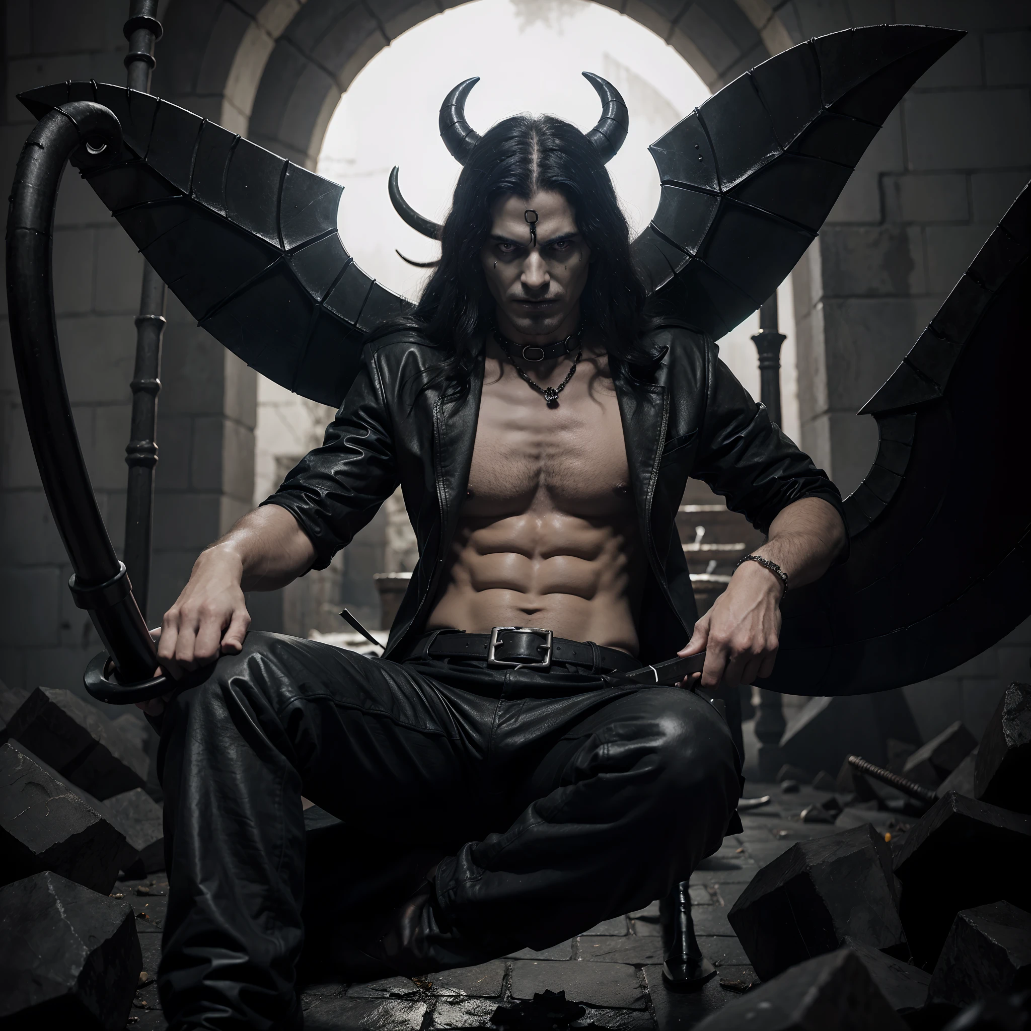 Hades from the underworld gripping a demonic scythe that sucks the souls from corrupt humans
