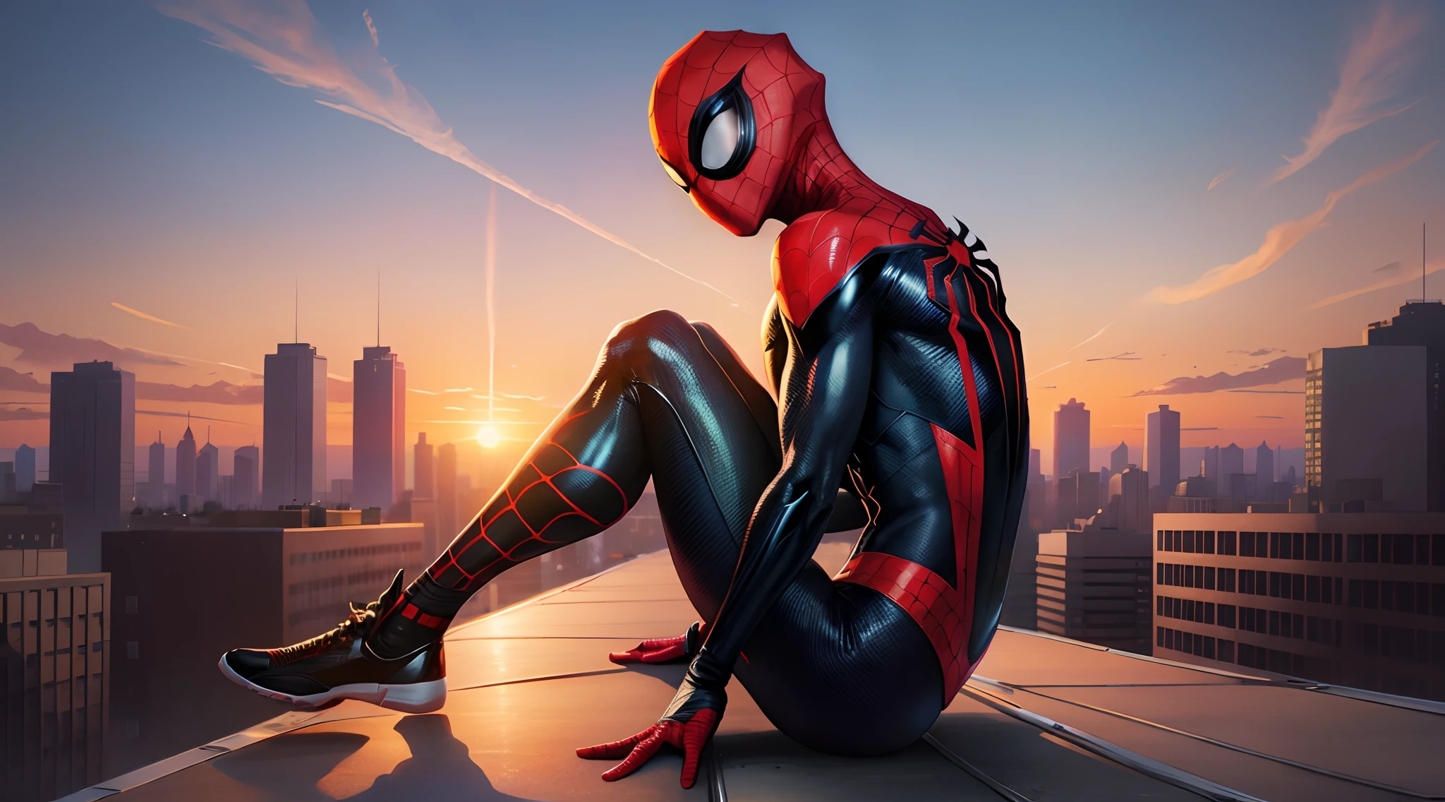 Miles Morales Spider-Man, sitting on rooftop, sunset, anime aesthetic, Black and Red suit