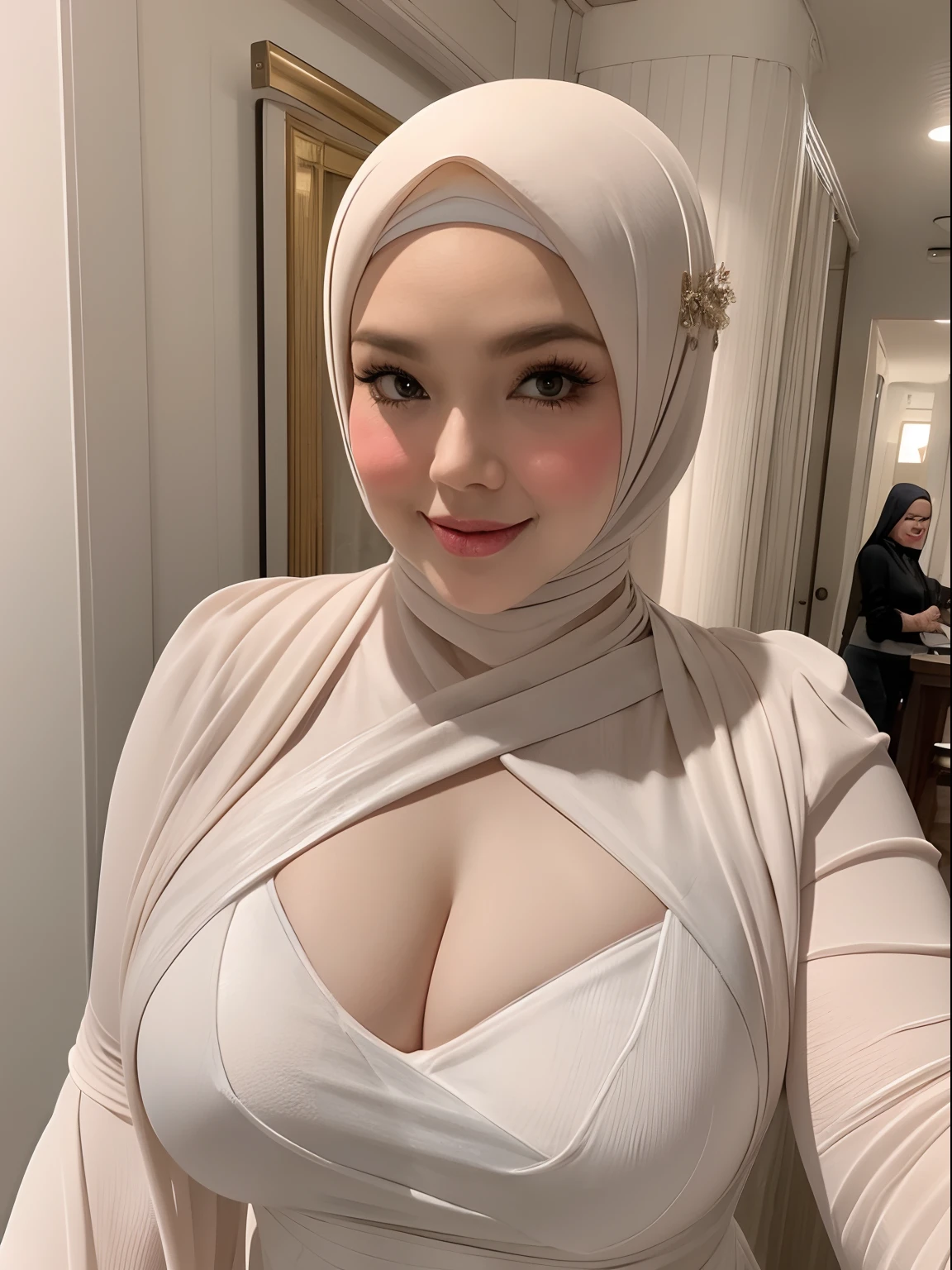 Girl, big boobs, grey hijab, long hair, violet, lingerie, lay, handsup, dildos