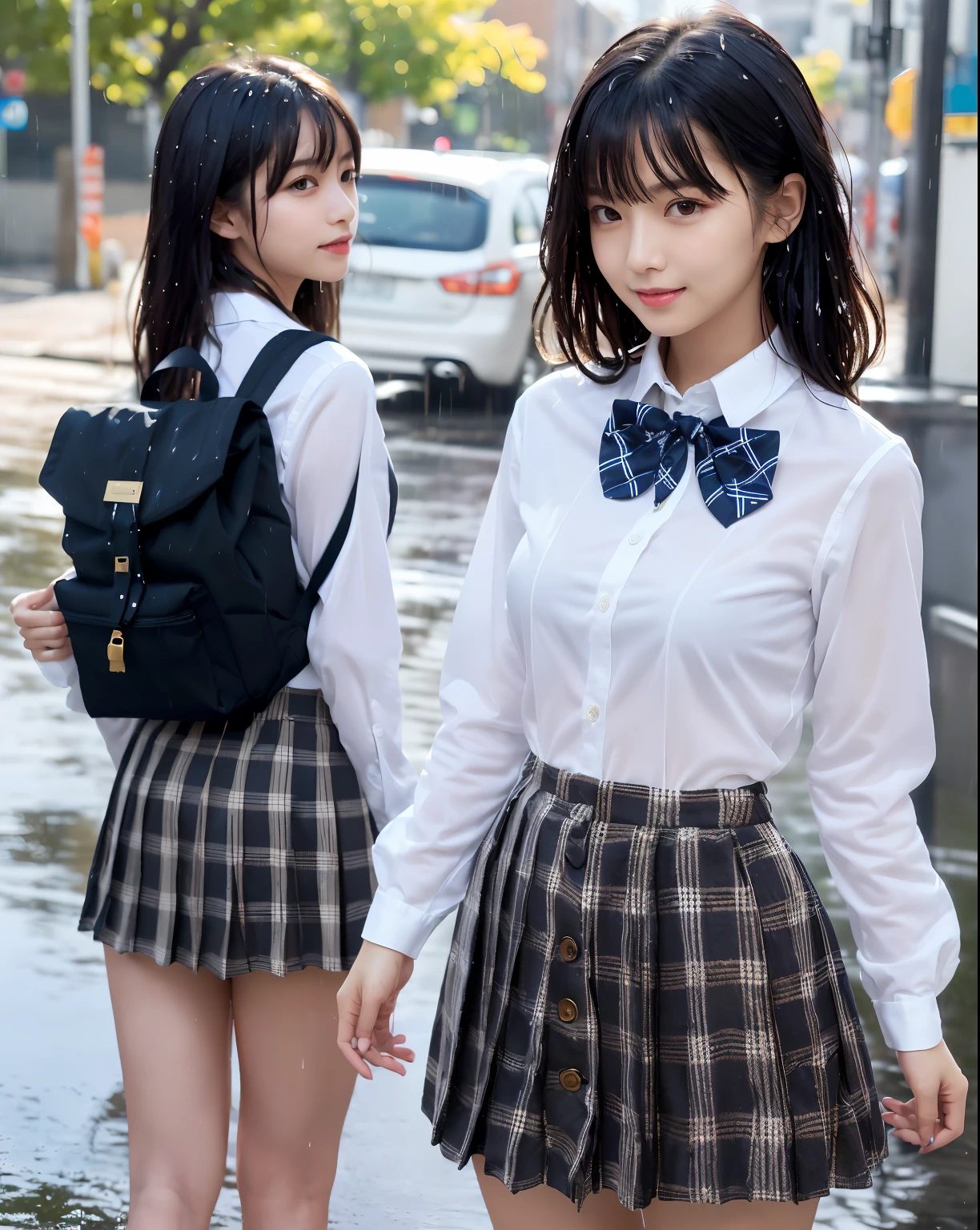 (masutepiece:1.3), (8K, Photorealistic, Raw photo, Best Quality: 1.4), Japanese, (1girl in), Beautiful face, (Realistic face), (Black hair), Beautiful hairstyle, Realistic eyes, Beautiful detailed eyes, (Realistic skin), Beautiful skin, Attractive, 超A high resolution, A hyper-realistic, Highly detailed, Golden ratio、(Fair skin:1.2), Glowing eyes, (Faint lips:1.2), (Refreshing breeze:1.3), (Medium Messy Hair, Bangs:1.3), (Brown eyes), (slender),
(flat chest:1.4), (Face and leg shots:1.3), (Standing, Side view), (Smile:1.2),
(White Long Sleeve Button-Down Shirt, Black School Ankle Socks, Adidas_sneakers, Plaid pleated midi skirt, School Bow Ties:1.3), (rucksack:1.2),(japanaese girl:1.2), (Idol:1.3)、(no-bra)(Small beautiful hard(Thin, moist buttons up to shirt length:1.1)、(Uniform wet in the rain)、a street、wetbody:1.1、