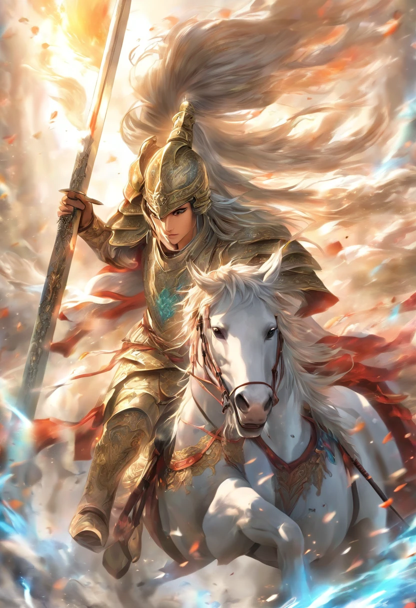 zhao yun,A young general in white,Riding a white horse is charging,Holding a silver spear in his hand,The war is raging,Warring states,The armor which is gorgeous with a silver-white pattern,Clear, delicate and handsome facial features,majestic-looking