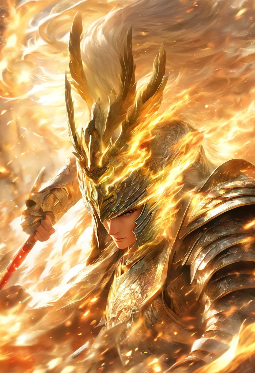 zhao yun,A young general in white,Riding a white horse is charging,Holding a silver spear in his hand,The war is raging,Warring states,The armor which is gorgeous with a silver-white pattern,Clear, delicate and handsome facial features,majestic-looking