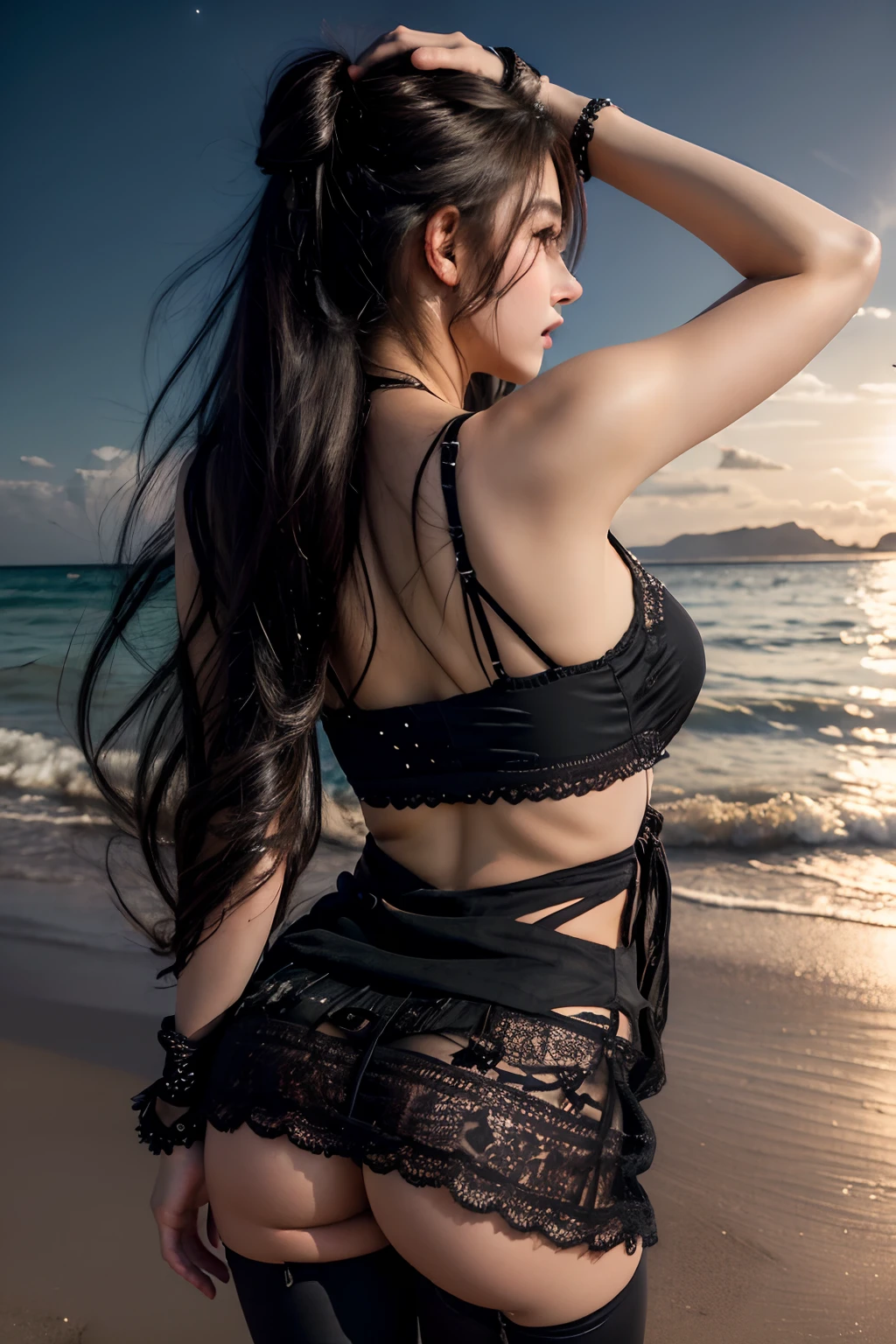 Masterpiece, Best quality, Night, stars, On the beach, Real, Realistic, incredibly_absurderes, the wallpaper, monochrome, traditional_Mediums, Girl, Long hair, Wavy hair, Small breasts, Revealing dress, white thighhighs, pendant, jewelry, Fingerless gloves, arms back behind ,