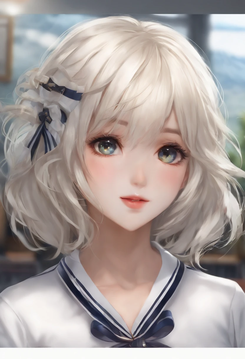 1 chica, cabello blanco corto, pecho grande, uniforme de colegio, piel blanca, chica anime