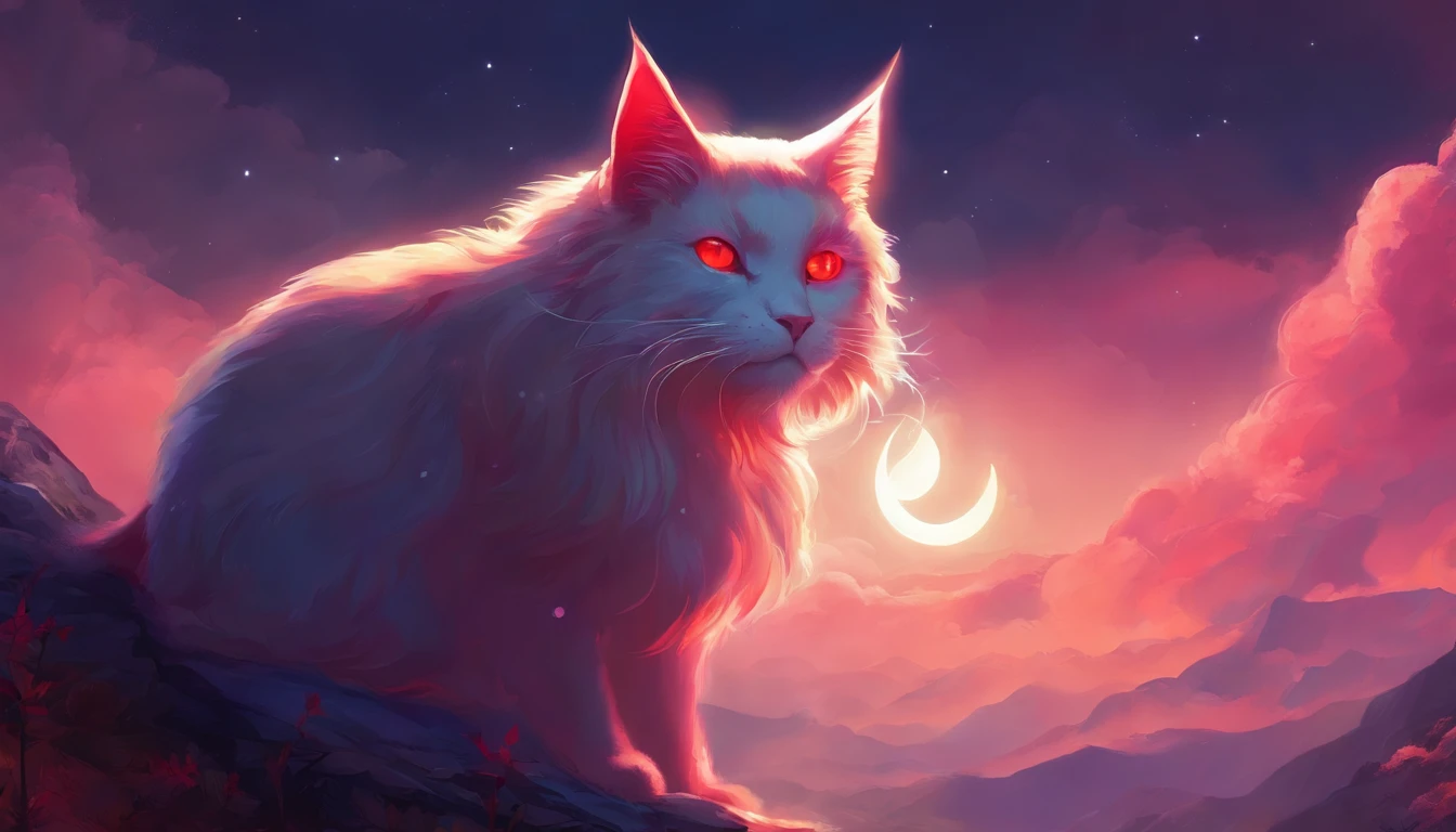 Close-up of a cat sitting in a cloud，The background is the full moon。, the dark god of cats, demon cat, Purple cat, phone wallpaper hd, cat from the void, hd phone wallpaper, awesome cat, amazing wallpapers, with red glowing eyes, Black cat, Wallpaper phone, hq 4k phone wallpaper, with glowing red eyes, vampire cat