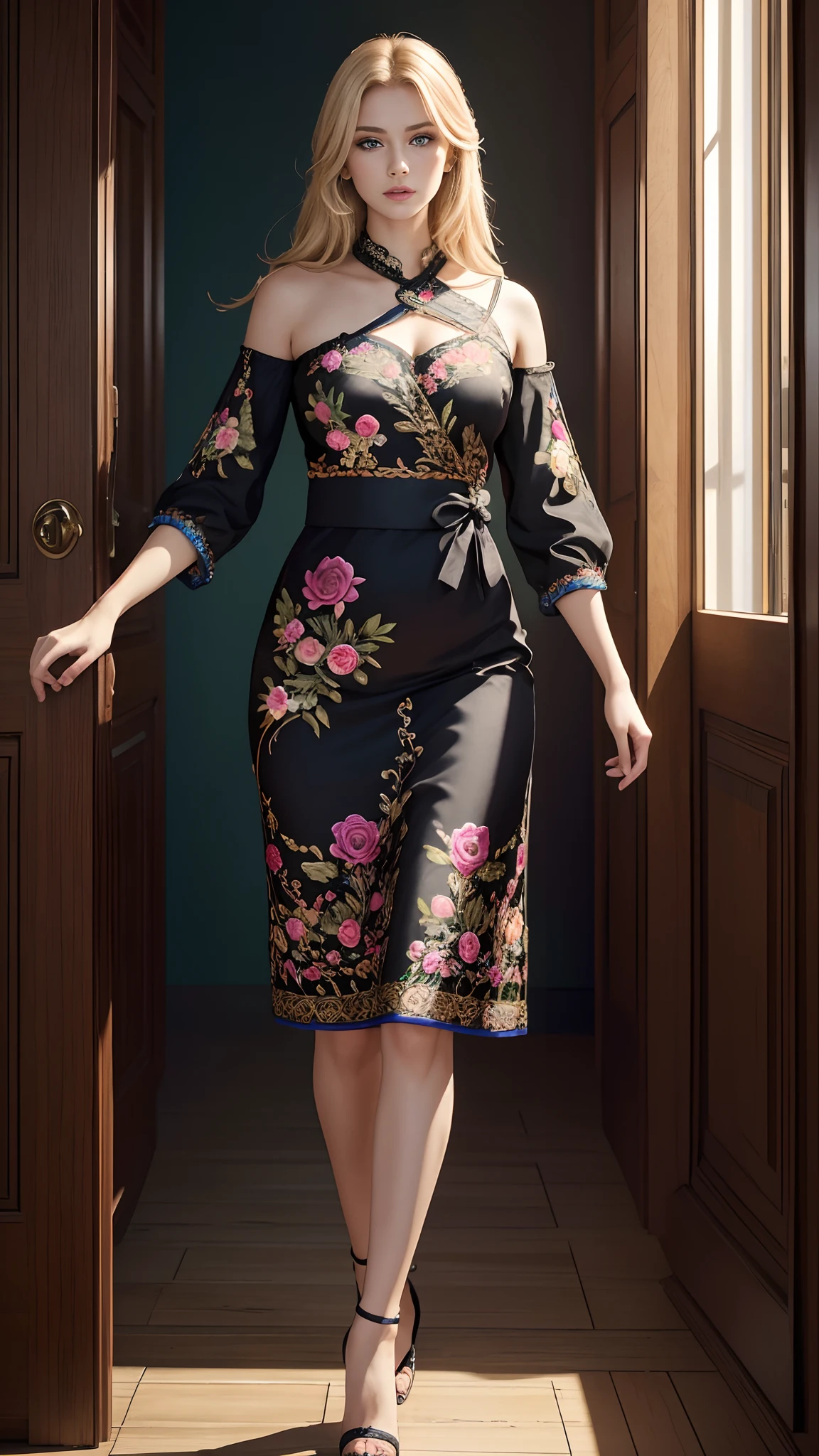 (best quality,4k,8k,highres,masterpiece:1.2),ultra-detailed,(realistic,photorealistic,photo-realistic:1.37),full body, colorful,depth,bright colors,creative composition,feminine touch,wisdom and determination,26-year-old russian girl,blonde, expressive eyes,plump lips,stylish outfits,diverse and elegant dresses,meticulously embroidered flowers,detailed patterns,fashion-forward,confidence and strength,unique and independent spirit,vibrant energy