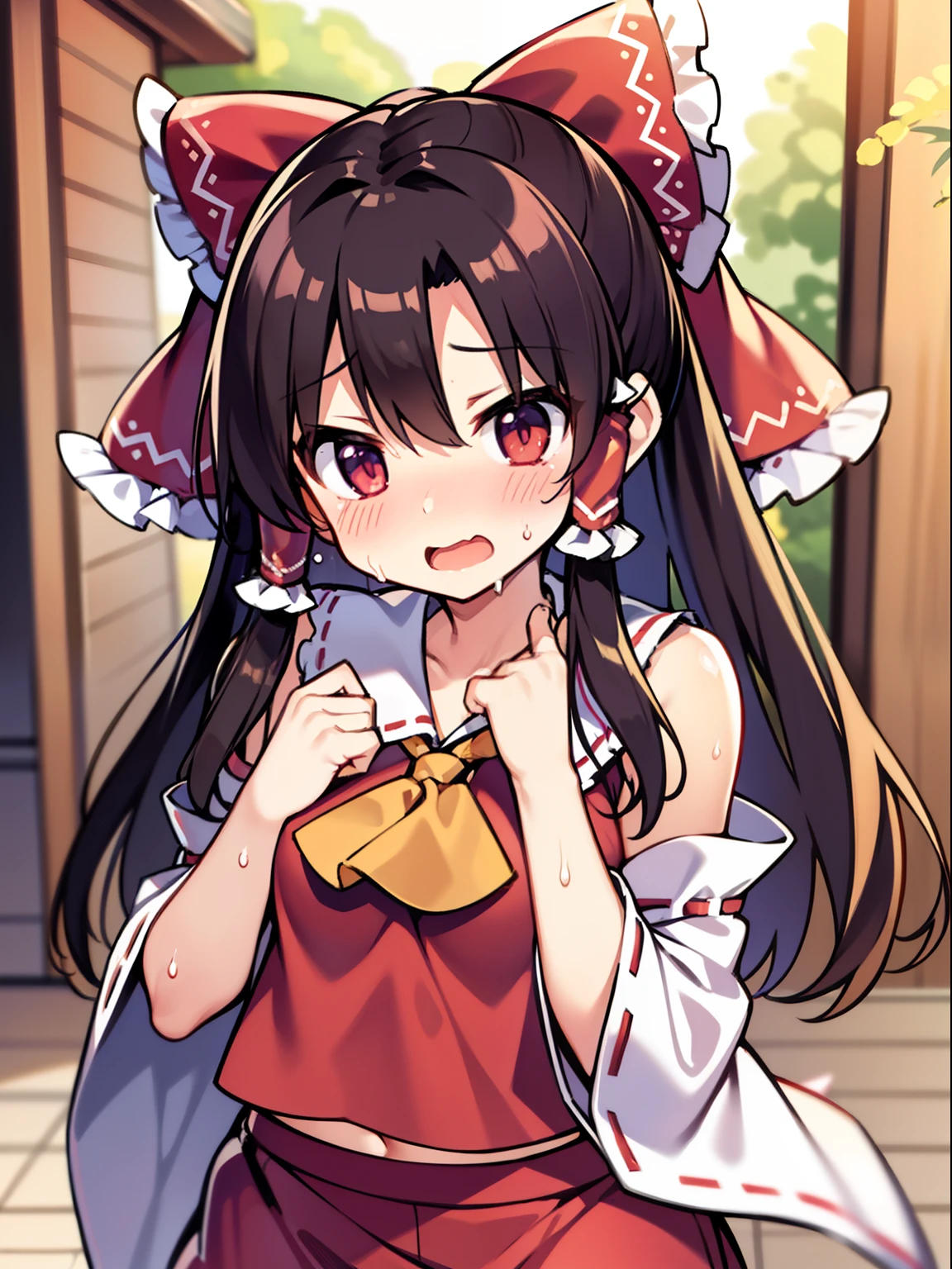 reimu hakurei、beautiful countenance、embarrassed from、Opening Mouth、Wearing sweat、Perfect female body,
