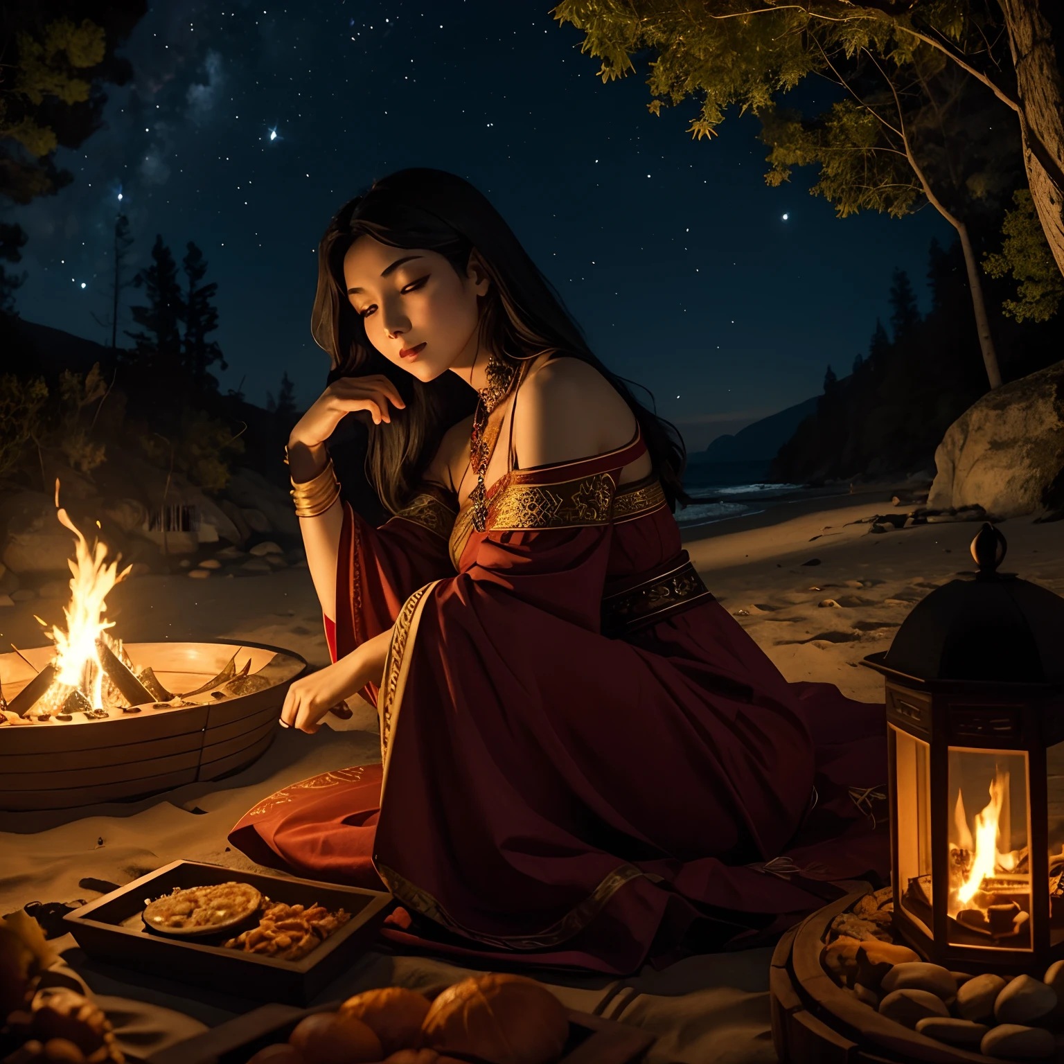 Woman of Turkish origin in traditional costume with sacred geometry, Une belle, Well-developed face, A face with cheekbones as well developed as an Asian, cette femme a les cheveux noirs, elle a une bouche pulpeuse, She inspires sex but remains reserved, A sexual innocence in the night with lots of fireflies circling around her, There are stars in the sky ,It's lit by a campfire at the edge of a crab and shellfish beach in the Turkish forest, she falls asleep