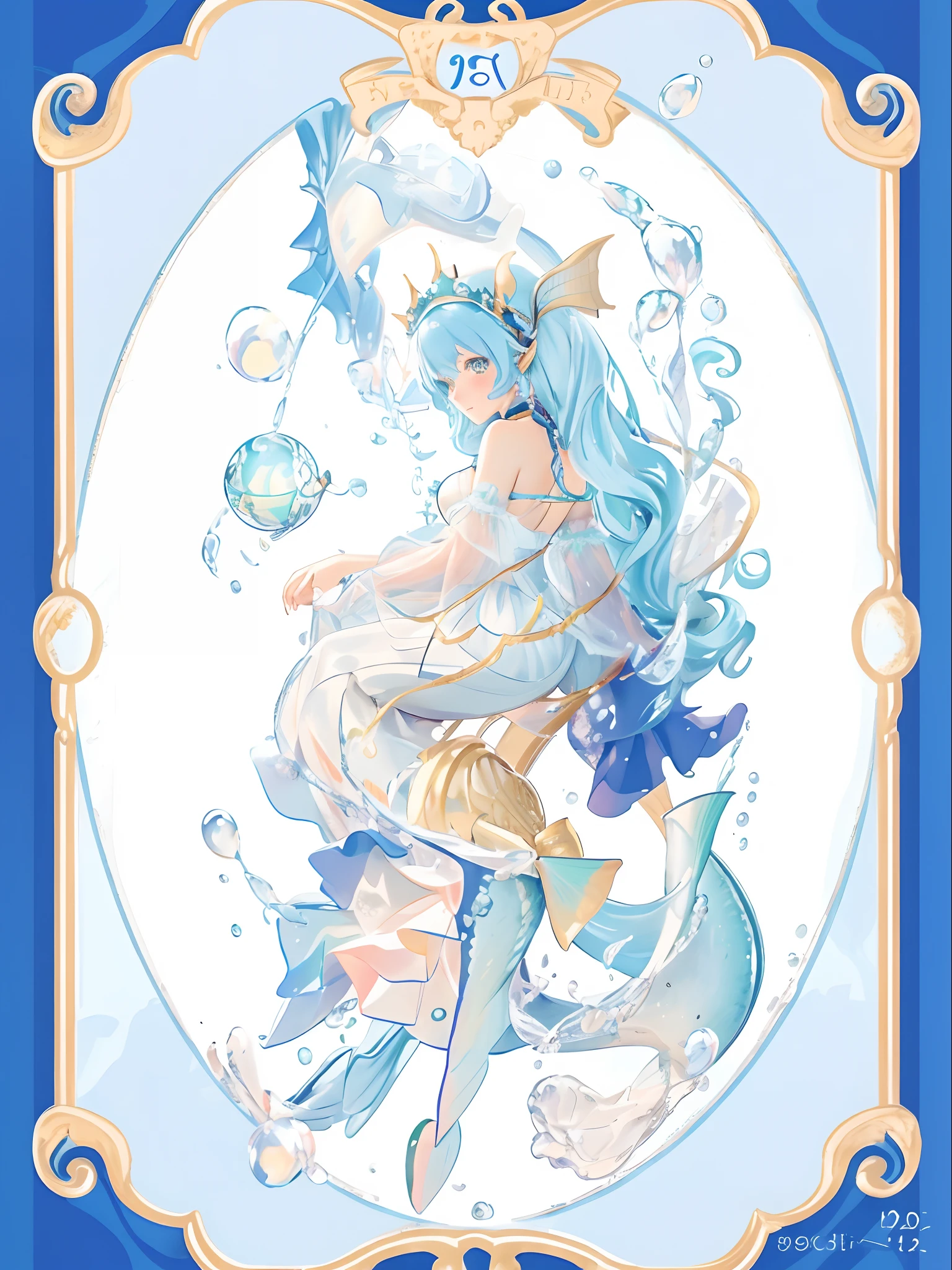 Mermaid figure with long hair and fish tail, mermaids and fish, cat seahorse fursona, full bodyesbian, the ocean, Detailed fanart, The mermaid rides a seahorse, water elemental, Lovely, [ tarot cards ]!!!!!, high detal + tarot cards, official fanart, mermaid, mermaids, Cat Seahorse Shapeshifter, character adoptable