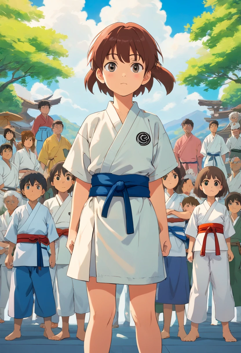 Boy in karate suit2People and girls1People are standing side by side in a brave figure、Under the blue sky