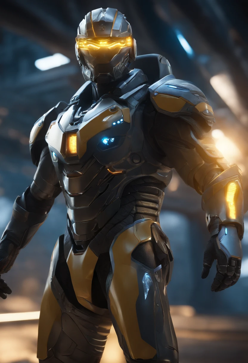 (Absurdres, Intricate Details, Masterpiece, Best Quality, High Resolution, 8k), 1 male, european, mature, aged up, handsome, finely detailed eyes and face, yellow french crop hair, blue eyes,cyborg portrait, looking at viewer, solo, (full body:0.6), detailed background, close up, detailed face, futuristic glowing steel armor, high-tech, gadgets, advanced technology, nanotech, headset, head-up display, epic galactic spaceship in background, lens flare, neon lights, electricity, explosions, screens, cinematic atmosphere, Depth of Field, VFX.
