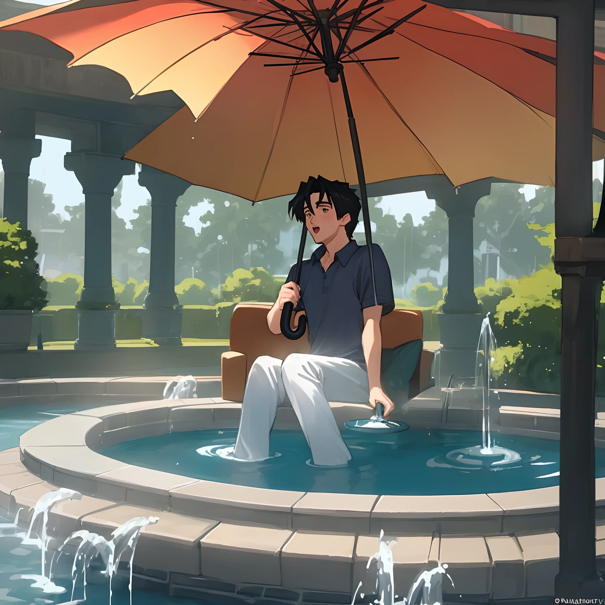 Make me an animated picture of Chandler Bing in the fountain and holding an umbrella, monica, phibi, Ross are on the couch in front of the fountain