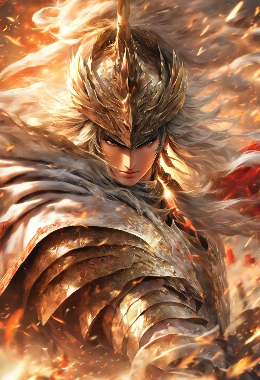 zhao yun，A young general in white，Riding a white horse is charging，Holding a silver spear in his hand，The war is raging，Warring states，The armor which is gorgeous with a silver-white pattern，Clear, delicate and handsome facial features，A pair of murderous eyes