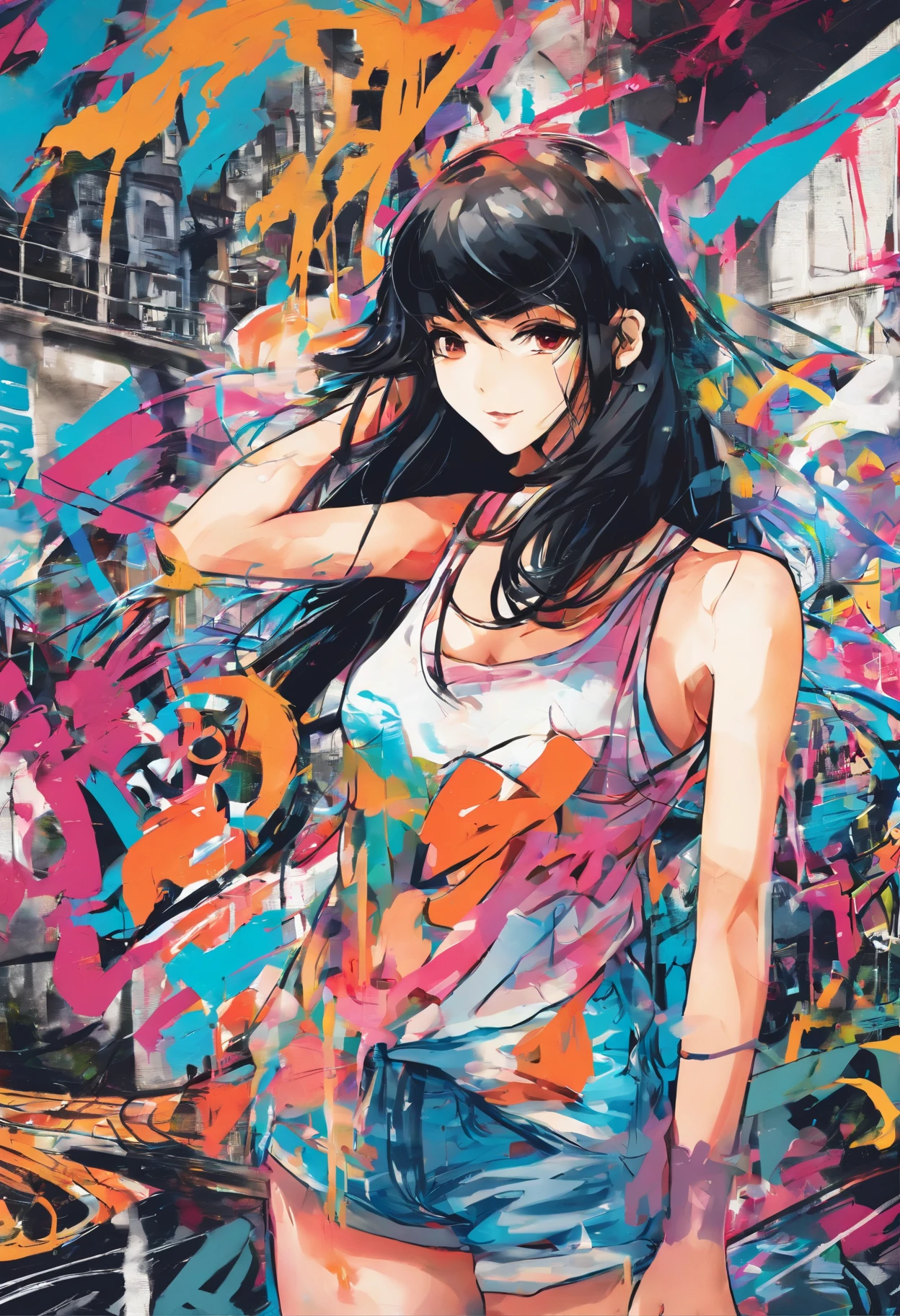 Oil Style、digitalart、1990s anime style、Black Hair Long Hair、Japan beautiful girl、24 year old
