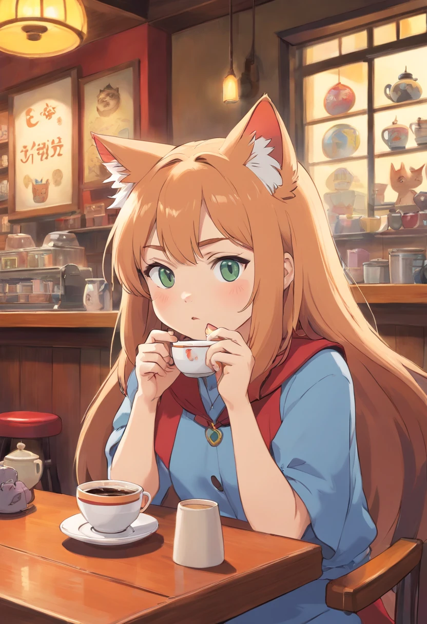 1 fluffy female cat,Angry,Drinking coffee at a cat café,